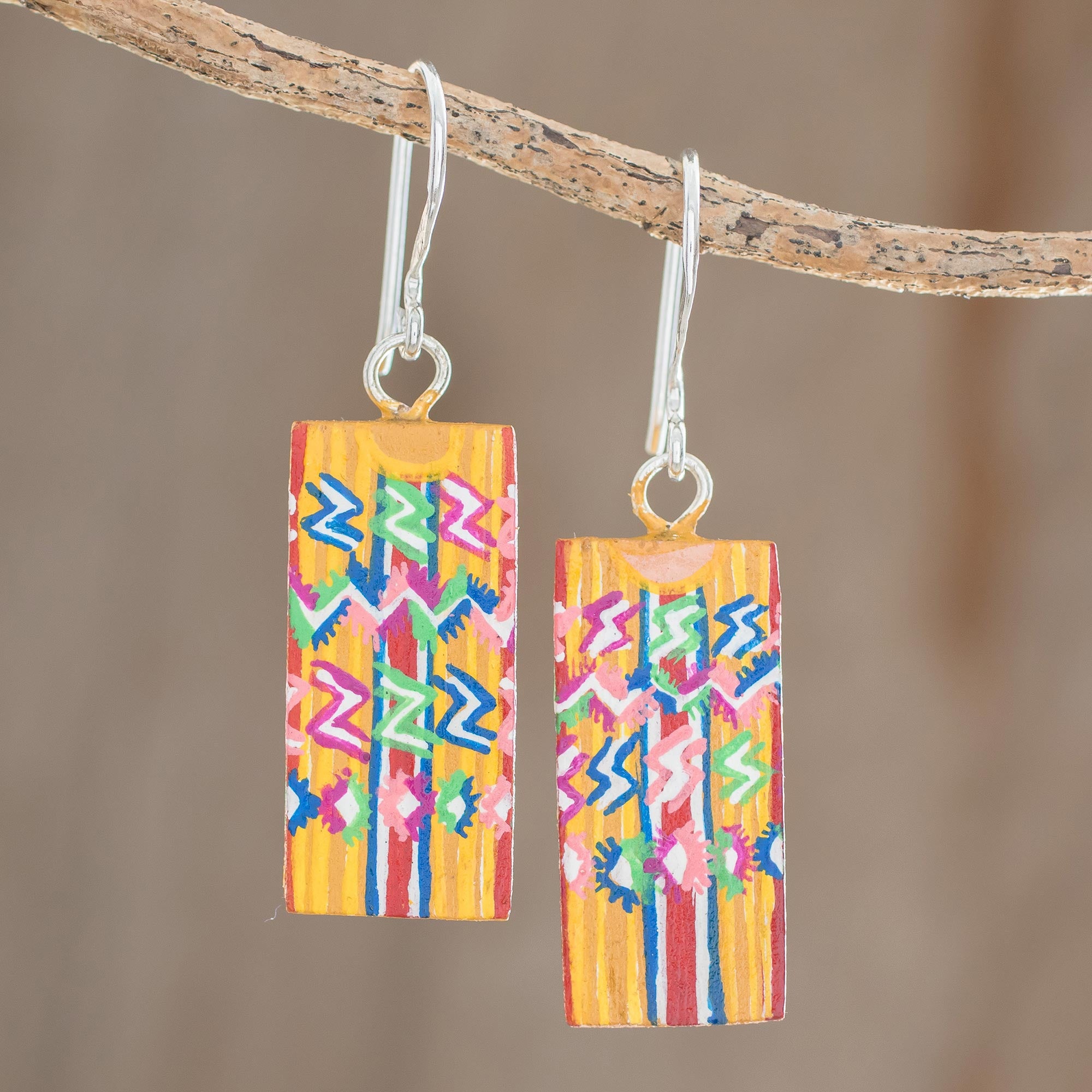 Premium Huipil-Inspired Wood Dangle Earrings – Handcrafted in Guatemala