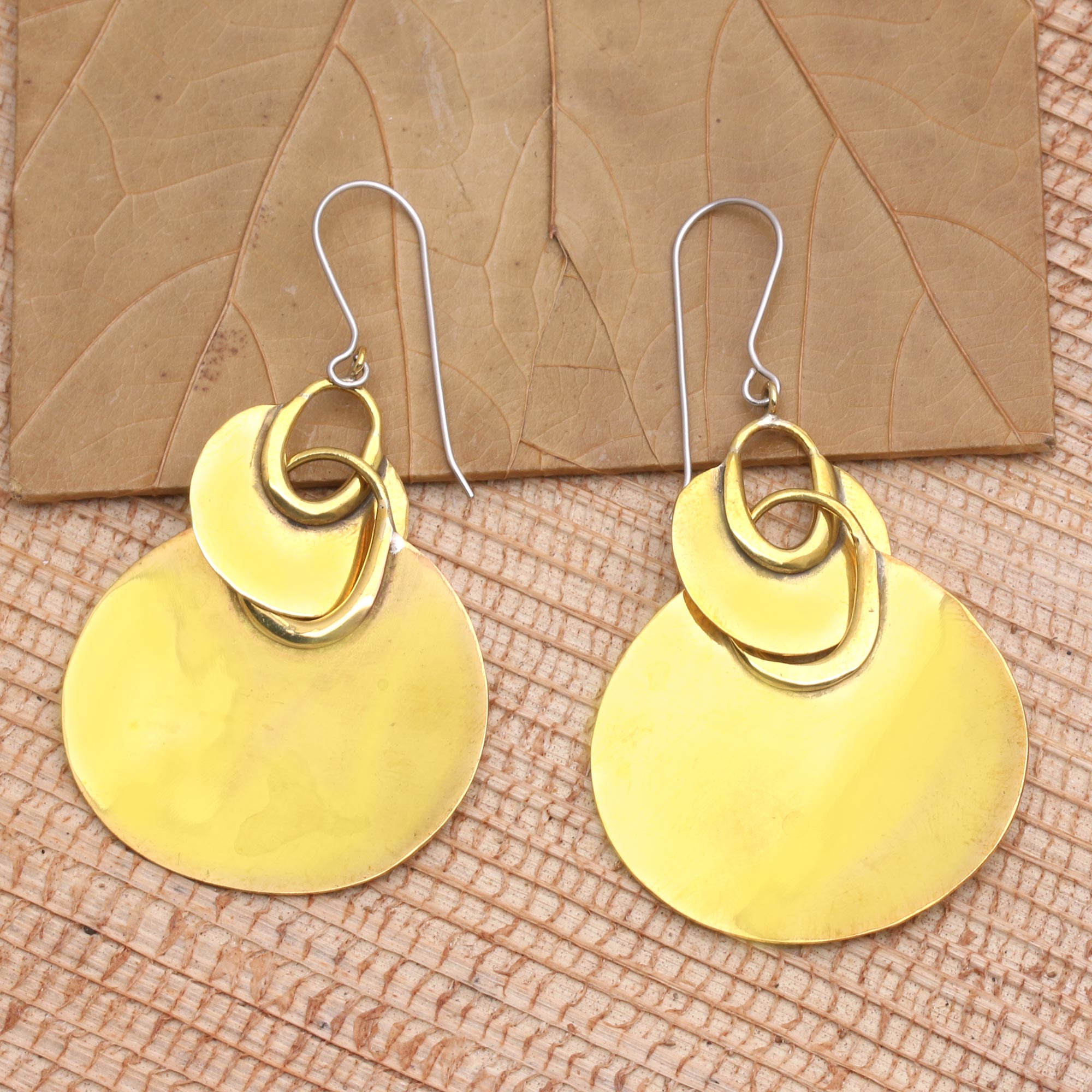 Premium Shimmering Fan Brass Dangle Earrings - Handcrafted Elegance