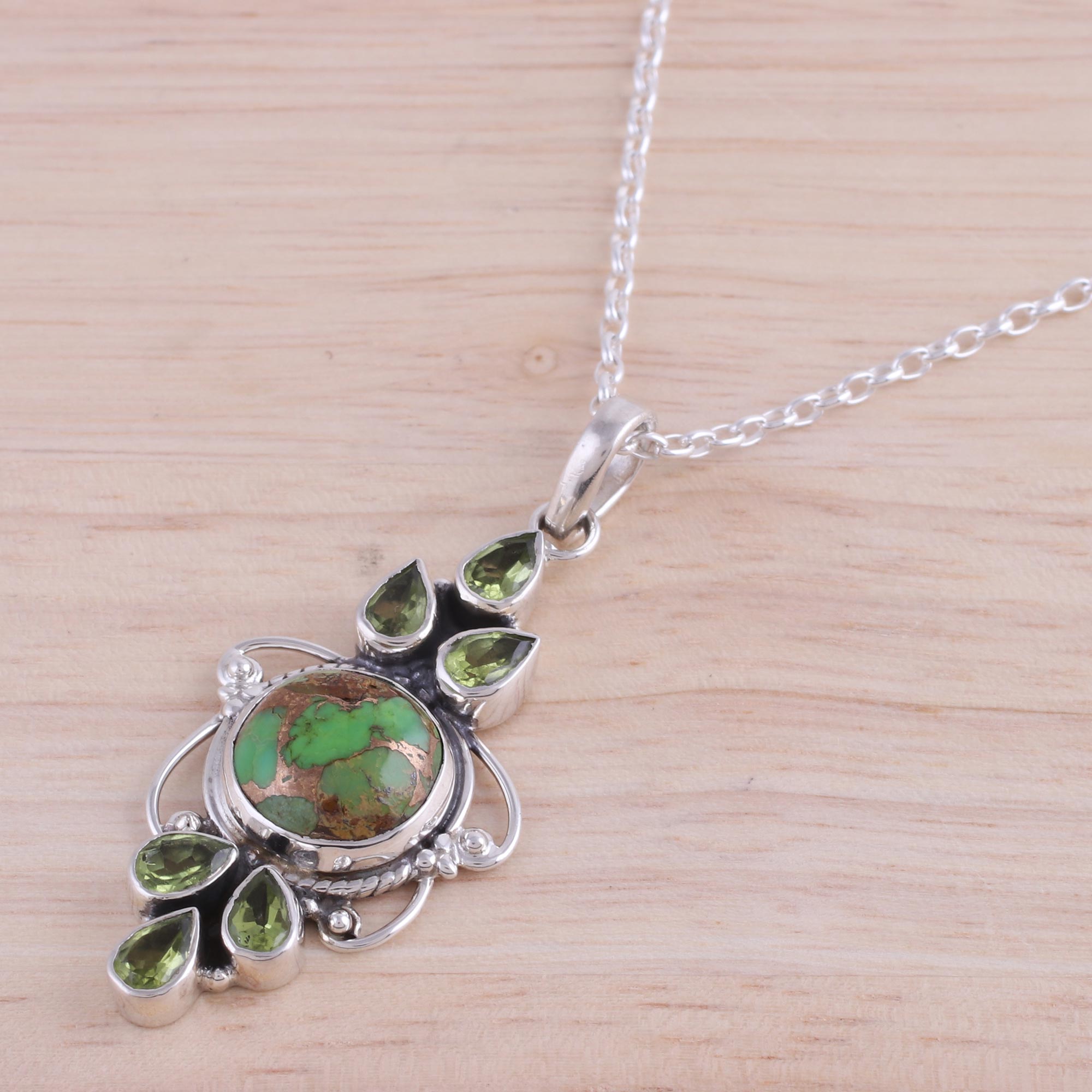 Premium Glittering Green Peridot & Turquoise Pendant Necklace - Handcrafted in India