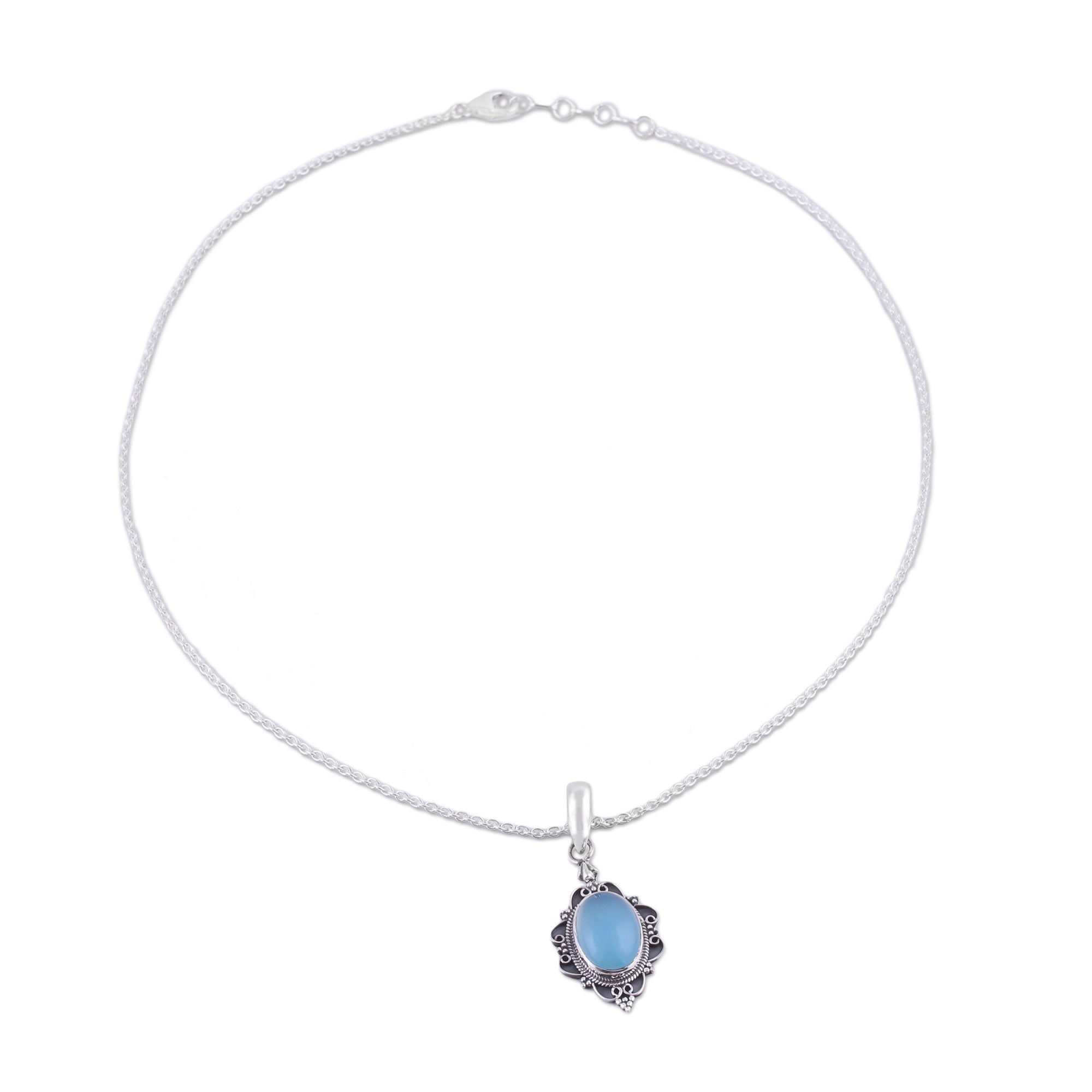 Premium Blue Damsel Chalcedony Pendant Necklace – Sterling Silver Elegance