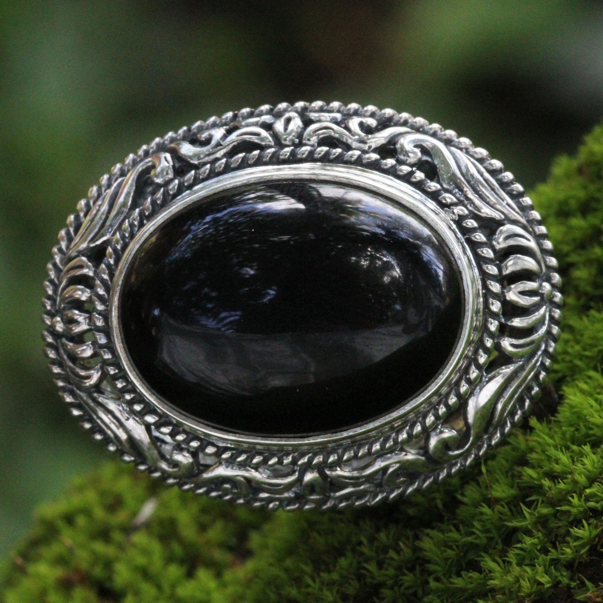 Premium Amed Eclipse Onyx Silver Cocktail Ring - Handcrafted Elegance