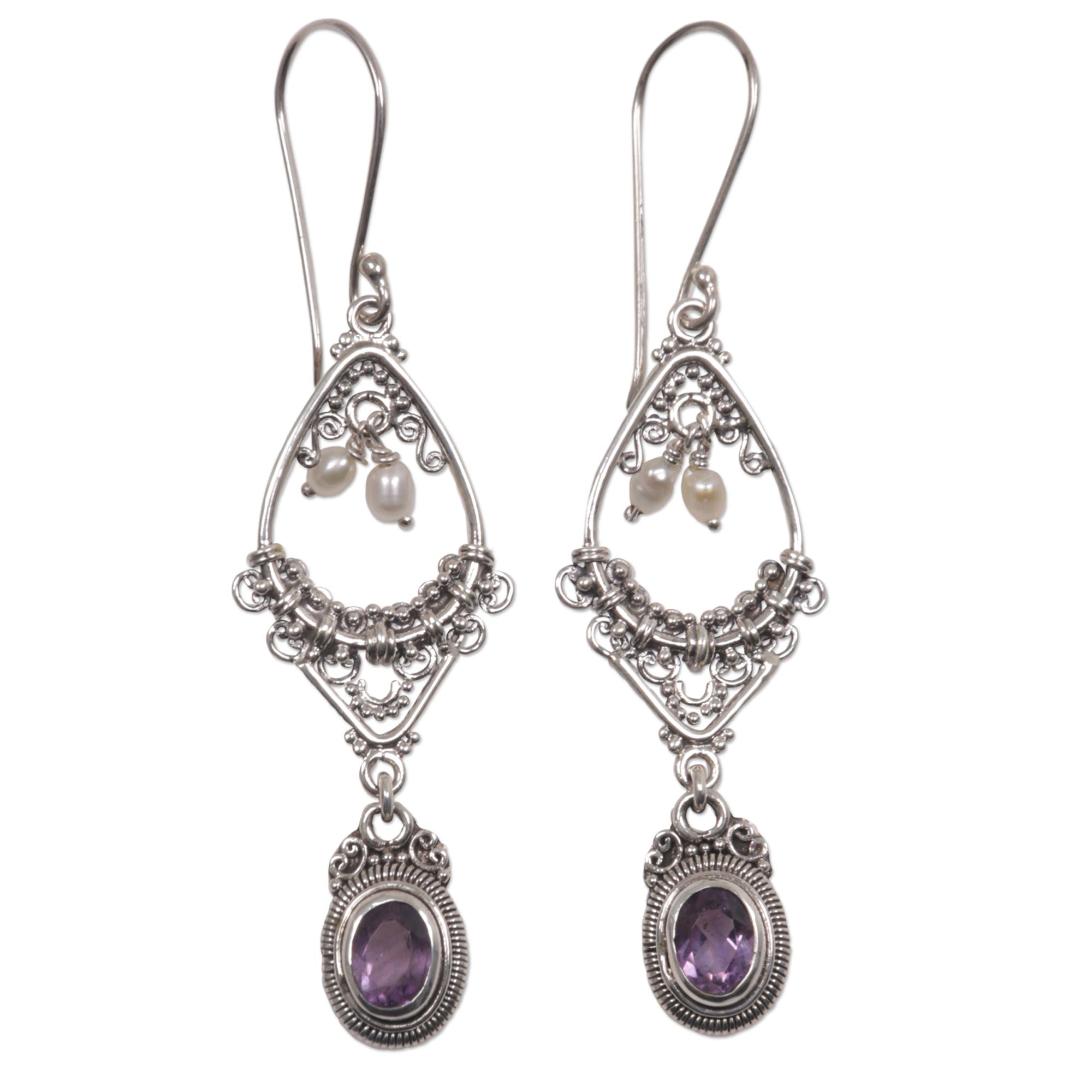 Premium Empress Amethyst & Pearl Floral Earrings