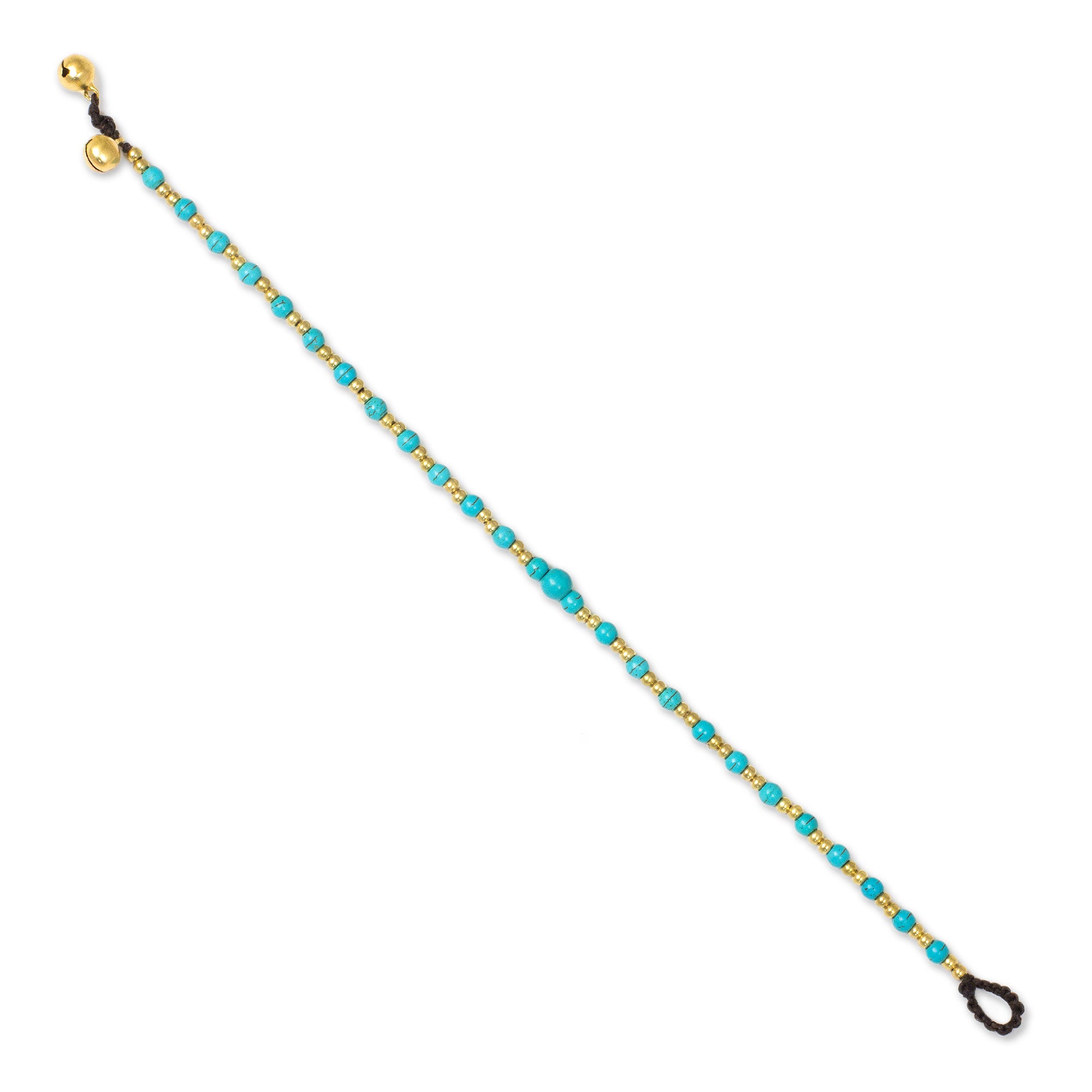 Premium Blue Calcite Brass Beaded Anklet with Bells - Handmade in Thailand