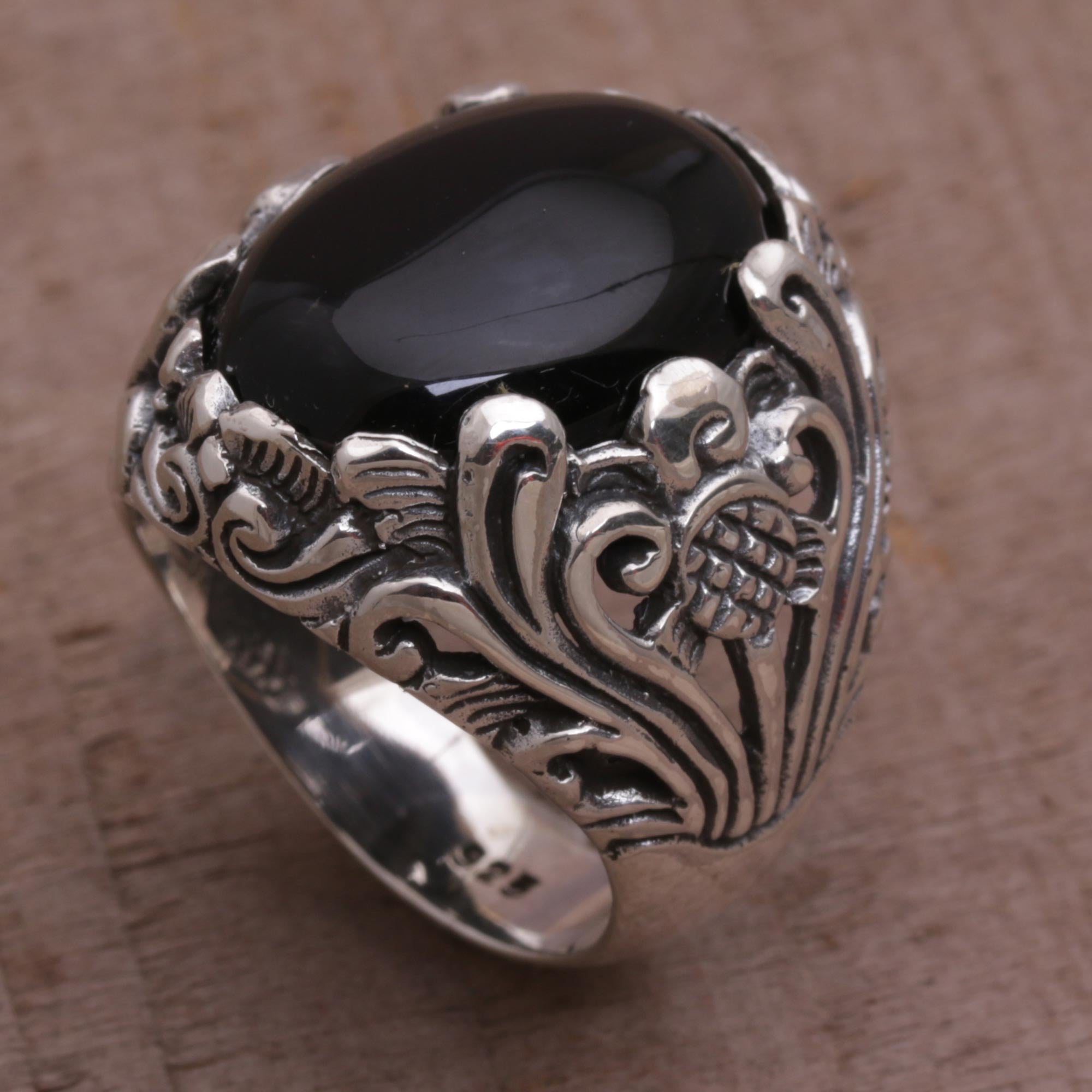 Premium Night Bloom Black Onyx Floral Cocktail Ring