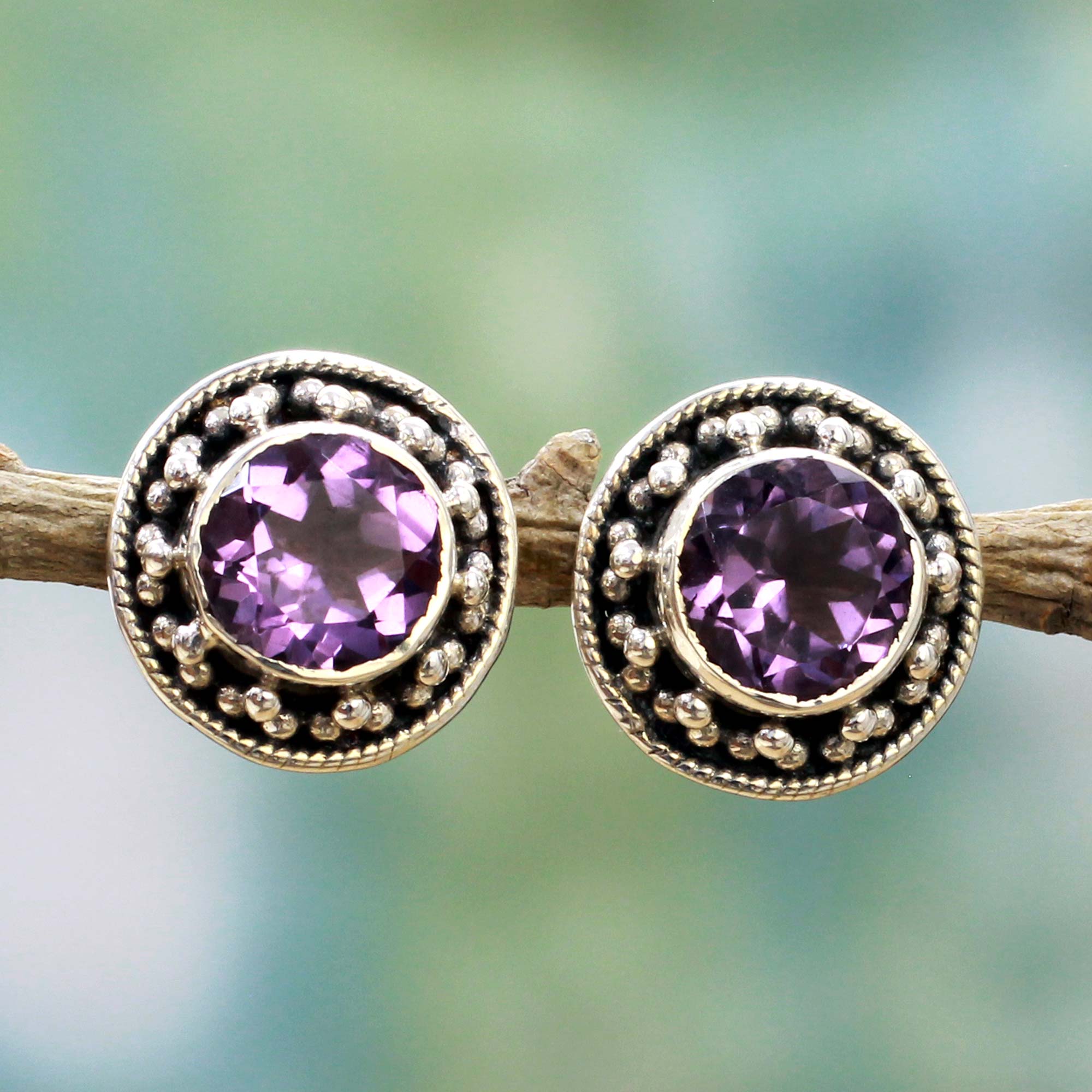 Premium Indian Elegance: Handcrafted Purple Amethyst Button Earrings