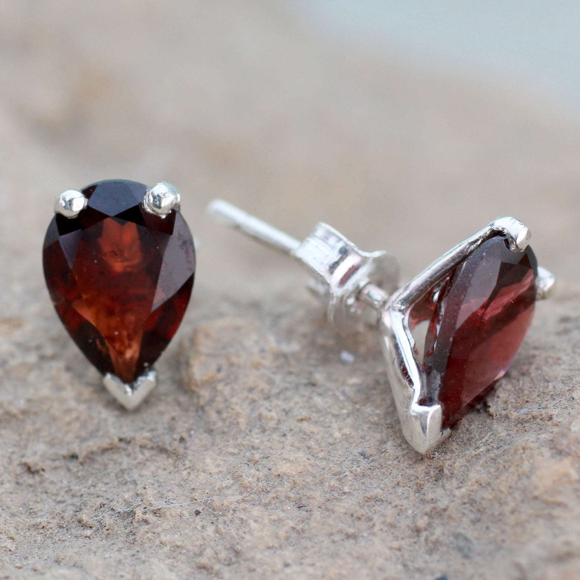 Premium Fair Trade Garnet Stud Earrings - 2.5 cts Sterling Silver