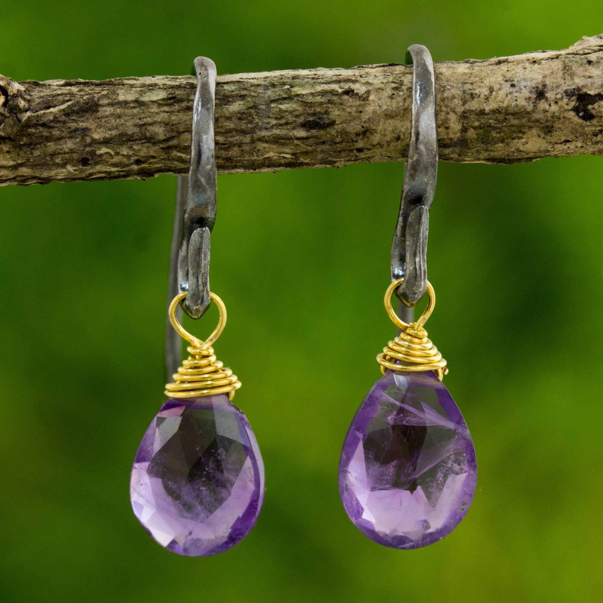 Premium Amethyst Gold Accented Dangle Earrings - Handcrafted Elegance