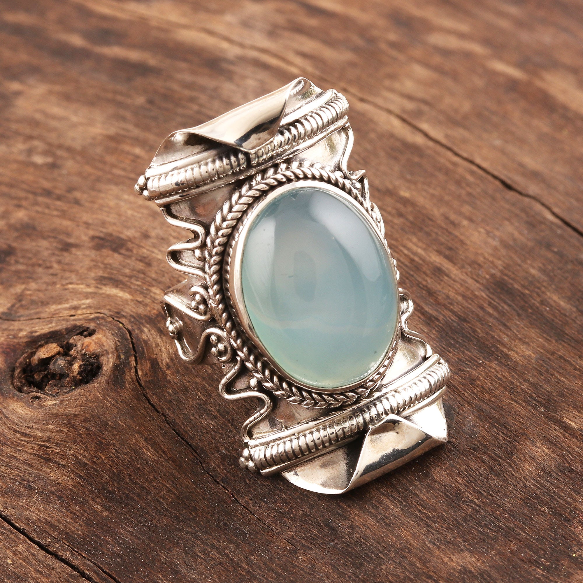 Premium Rajasthan Realm Aqua Chalcedony Sterling Silver Cocktail Ring