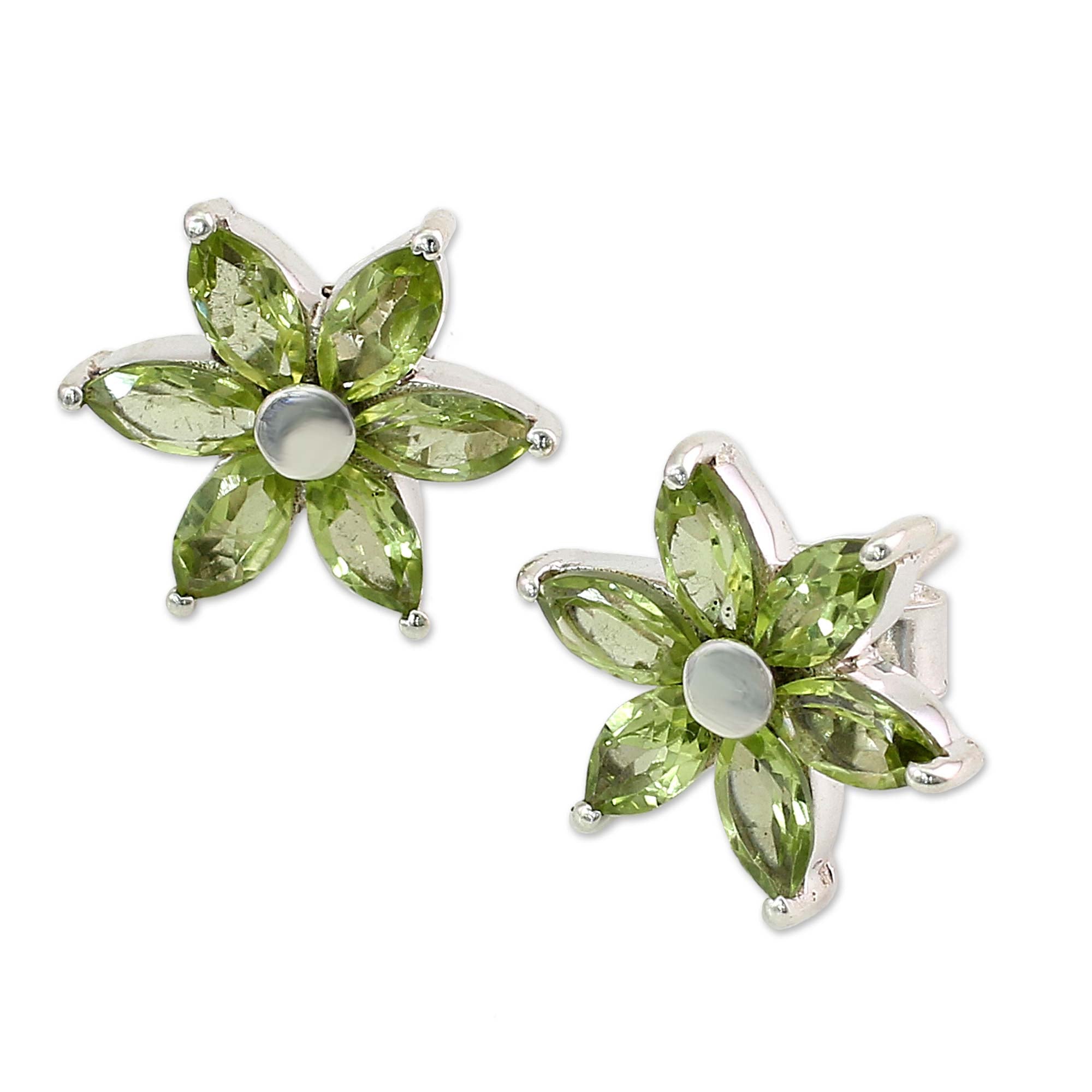 Premium Summer Blossom Floral Peridot Earrings in Rhodium-Plated Sterling Silver