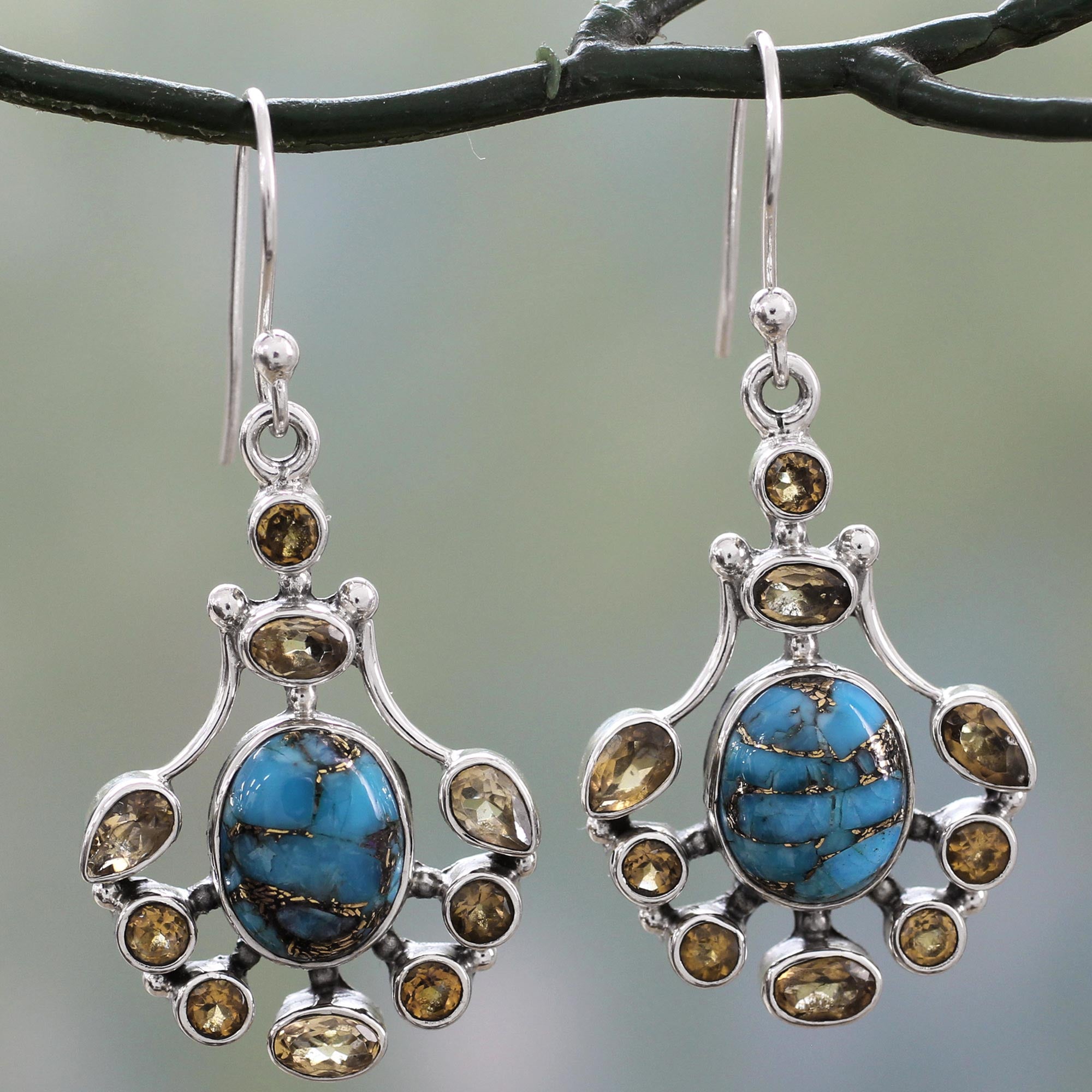 Premium Citrine & Turquoise Sterling Silver Dangle Earrings – Radiant Sunshine Design