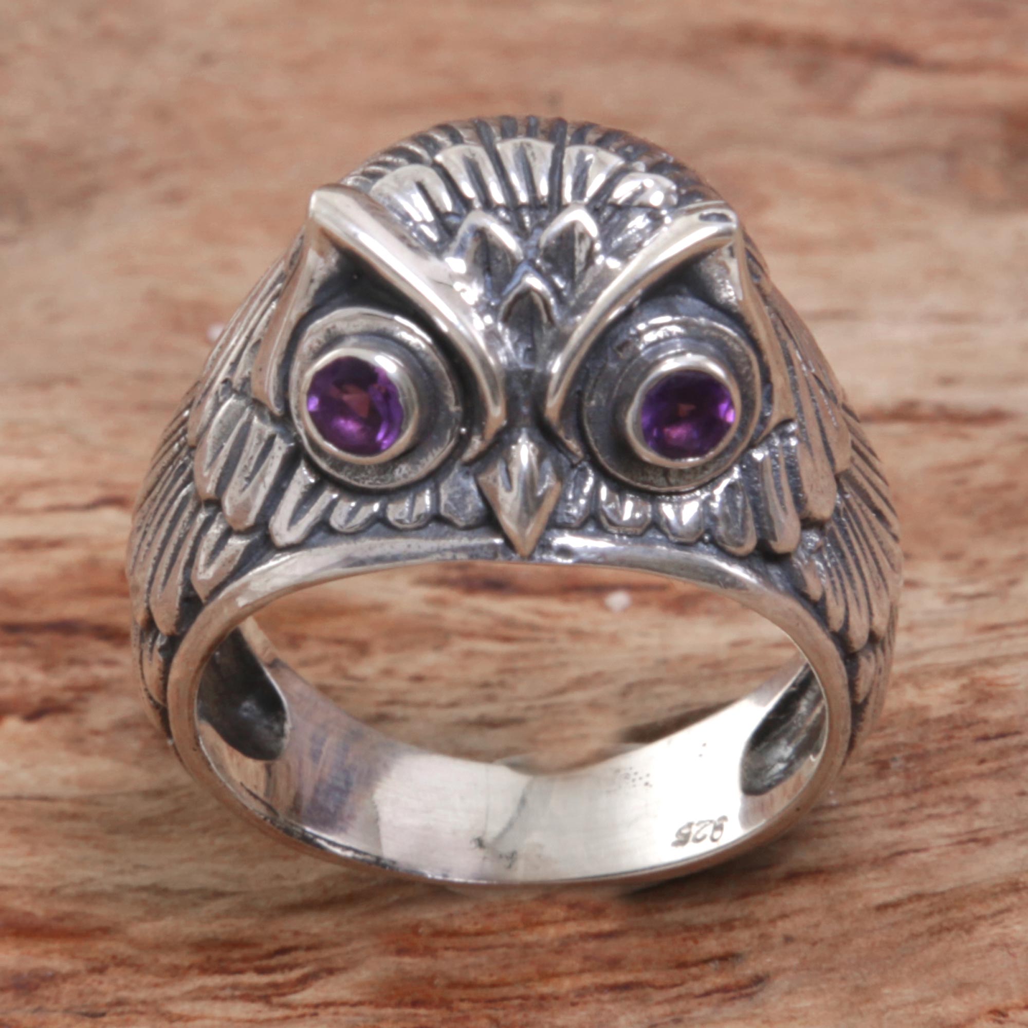 NOVICA Premium Amethyst Sterling Silver Ring 'Night Watcher in Purple' - Handcrafted Elegance