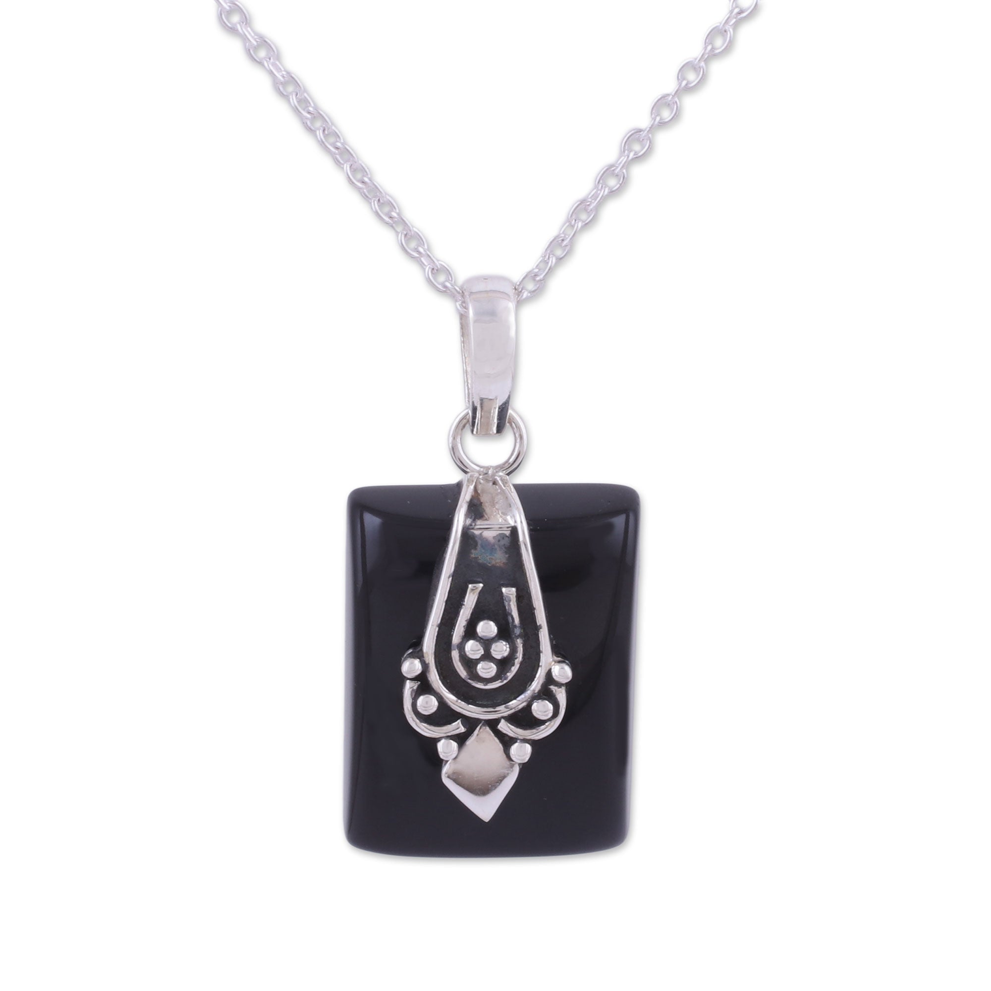 Premium Midnight Greeting Black Onyx & Sterling Silver Pendant Necklace - Handcrafted in India