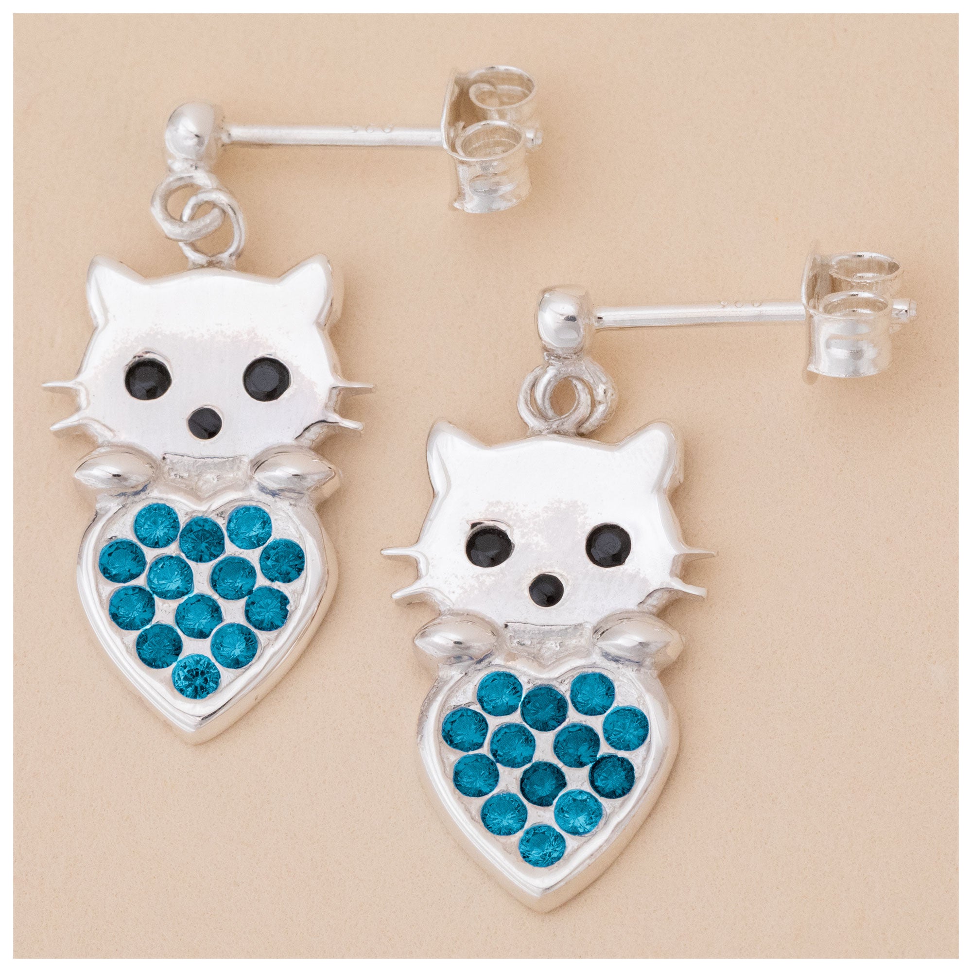 Premium Sterling Silver Cat & Heart Birth Month Drop Earrings