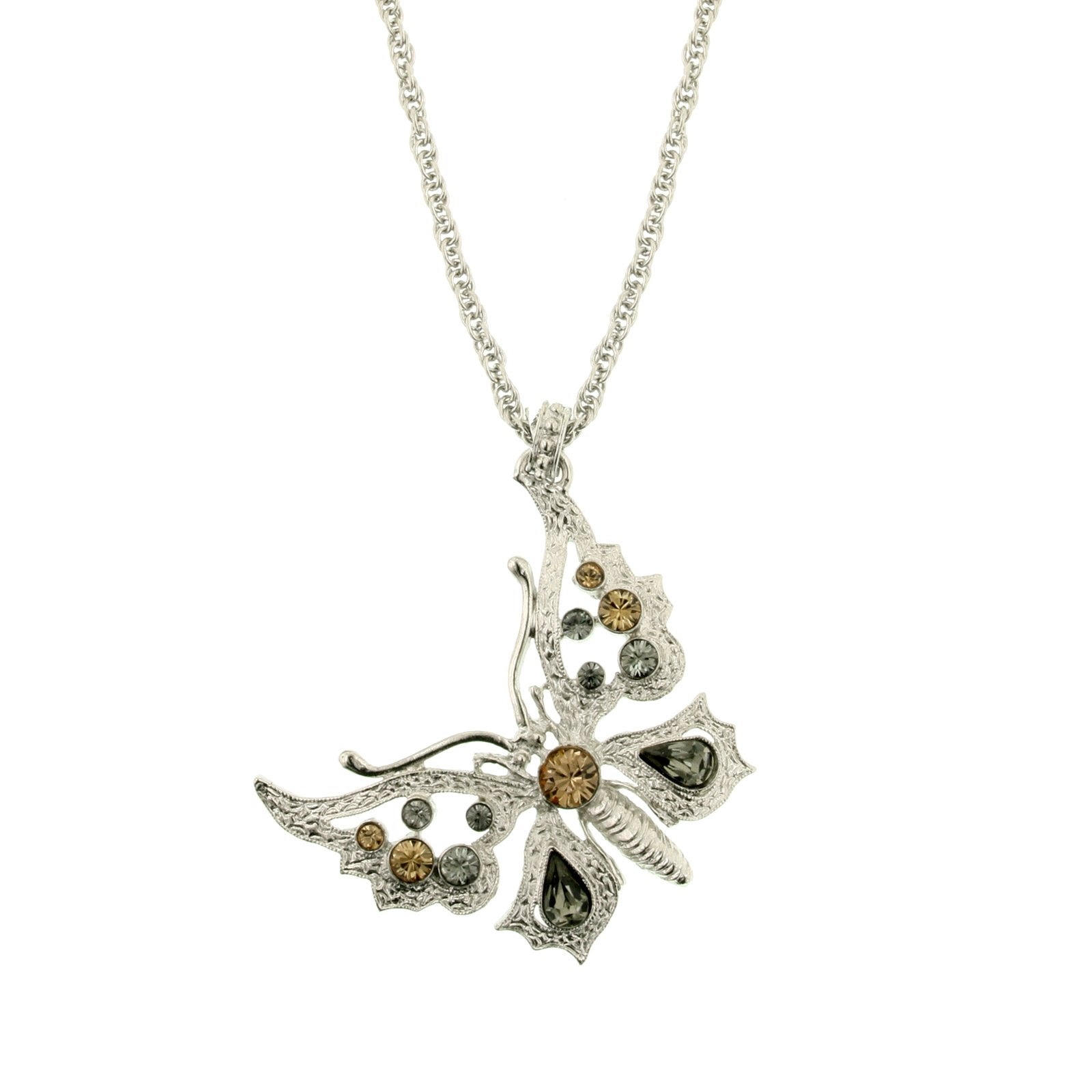 Premium 1928 Jewelry® Silver-Tone Light Colorado/Black Diamond Butterfly Pendant Necklace - Adjustable 16