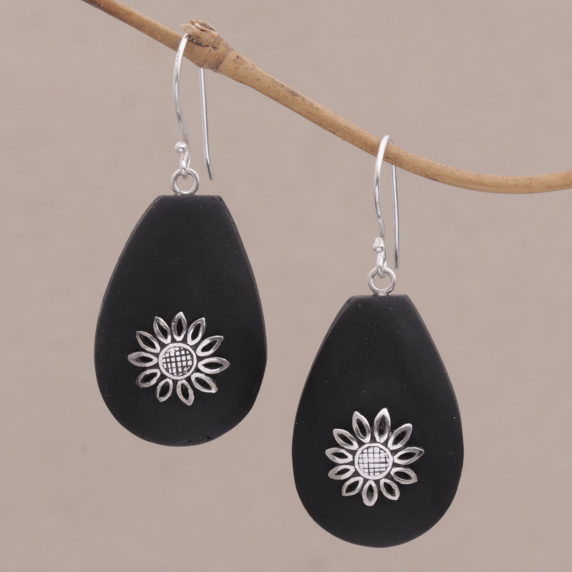 Premium Pura Petals Lava Stone Earrings - Sterling Silver Floral Design from Bali