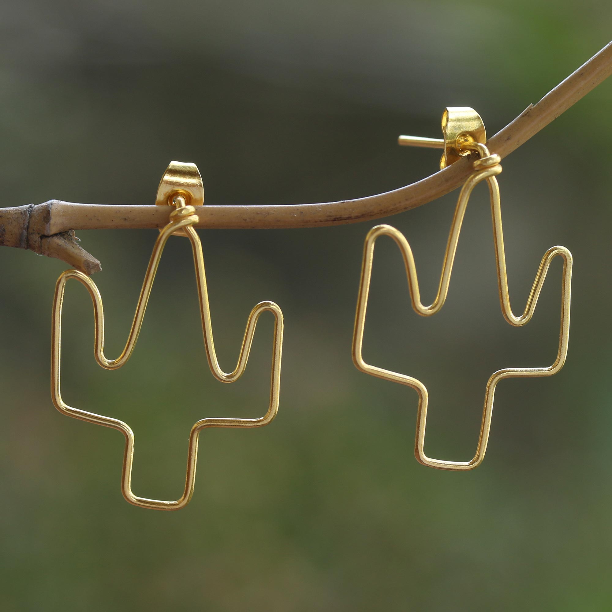 Premium Gold-Plated Cactus Drop Earrings - Handcrafted in Bali