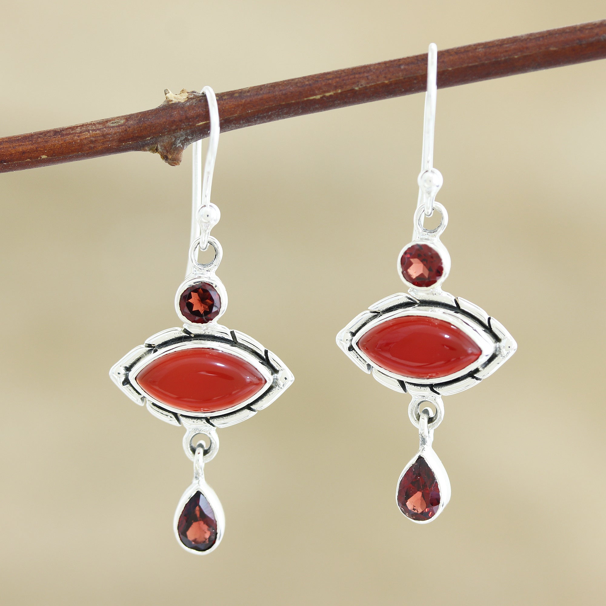 Premium Red Fusion Garnet & Carnelian Sterling Silver Dangle Earrings