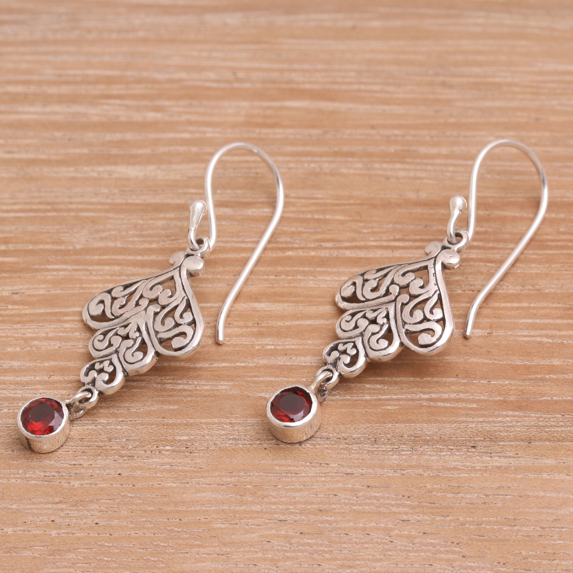 Premium Tumbling Hearts Garnet Dangle Earrings - Sterling Silver Elegance