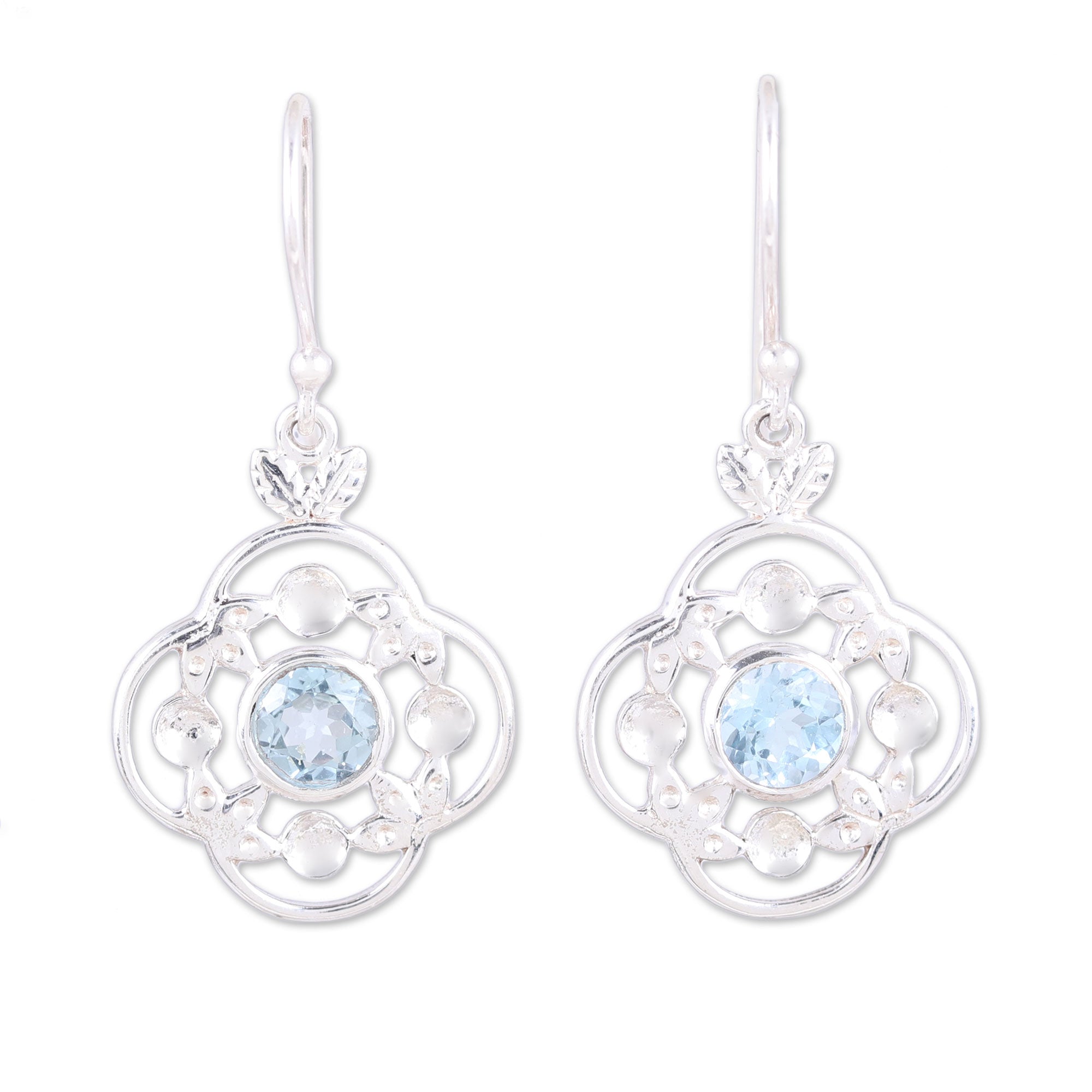 Premium Blue Topaz Flower Dangle Earrings in Sterling Silver