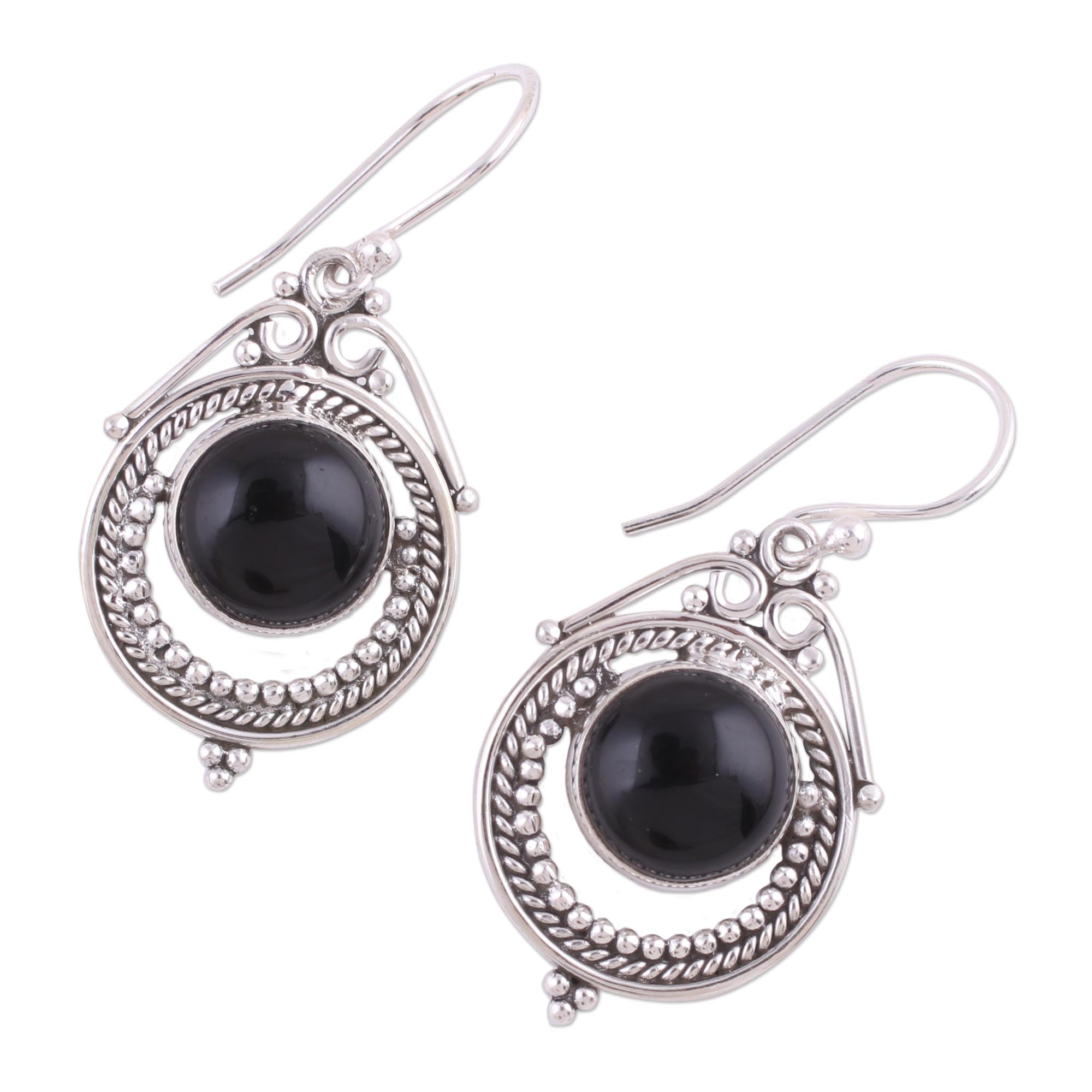 Premium Onyx Globe Sterling Silver Dangle Earrings – Handcrafted in India