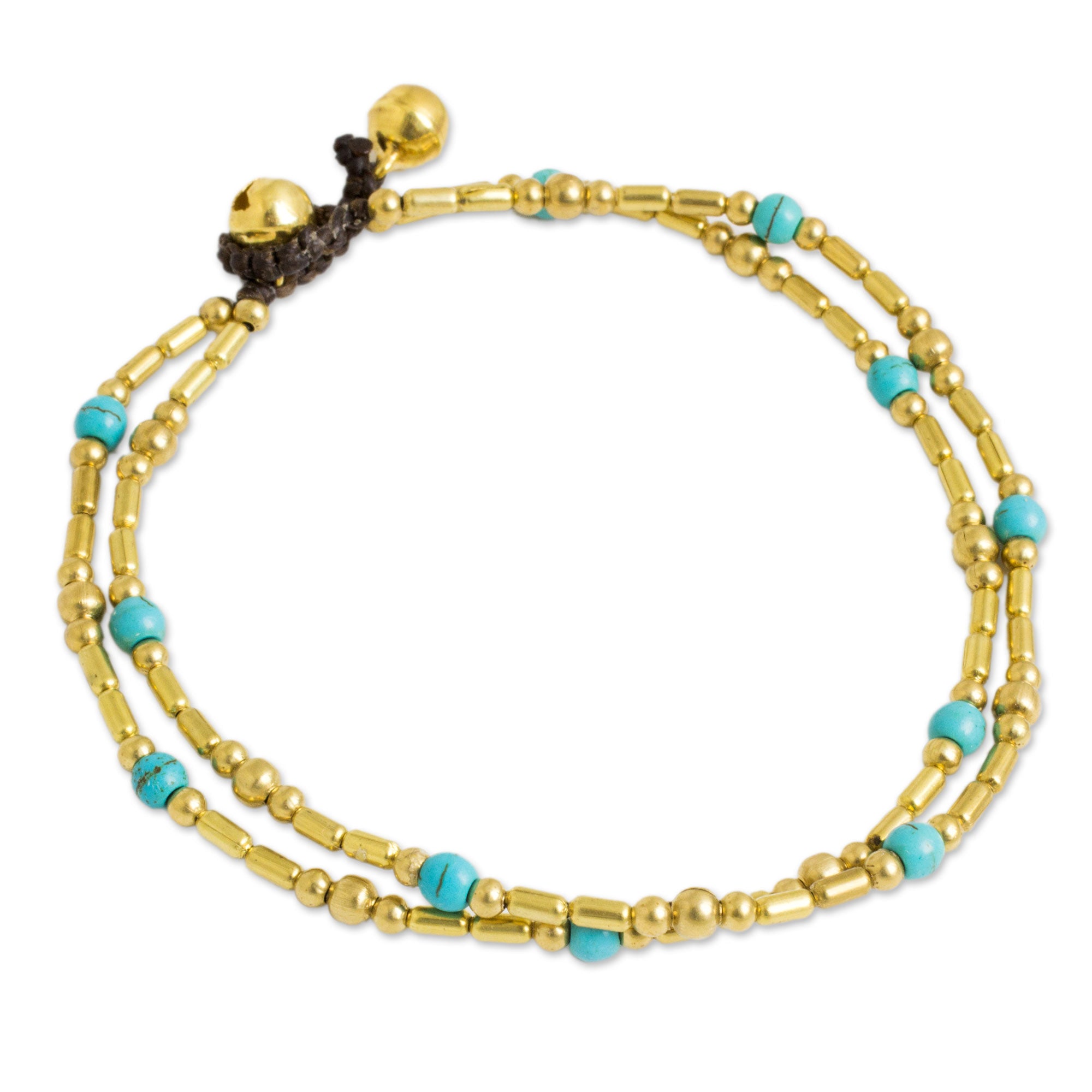 Premium Golden Bell Anklet with Blue Calcite Beads - Handcrafted in Thailand