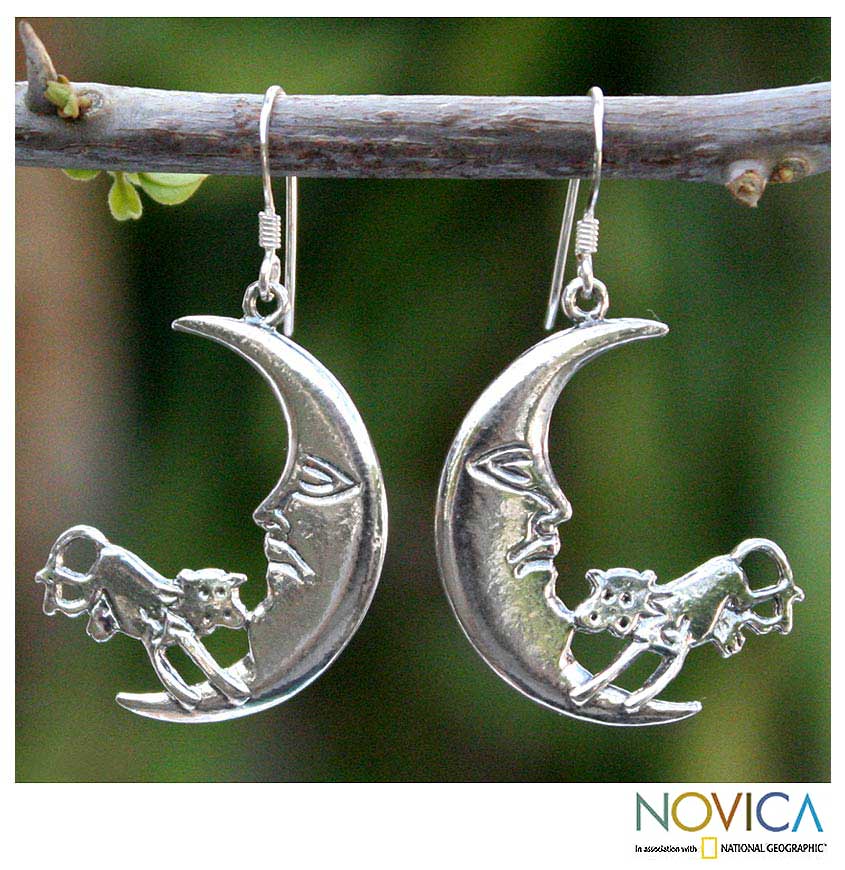 Premium Sterling Silver 'Cow in the Moon' Earrings - Handmade Fair Trade Jewelry