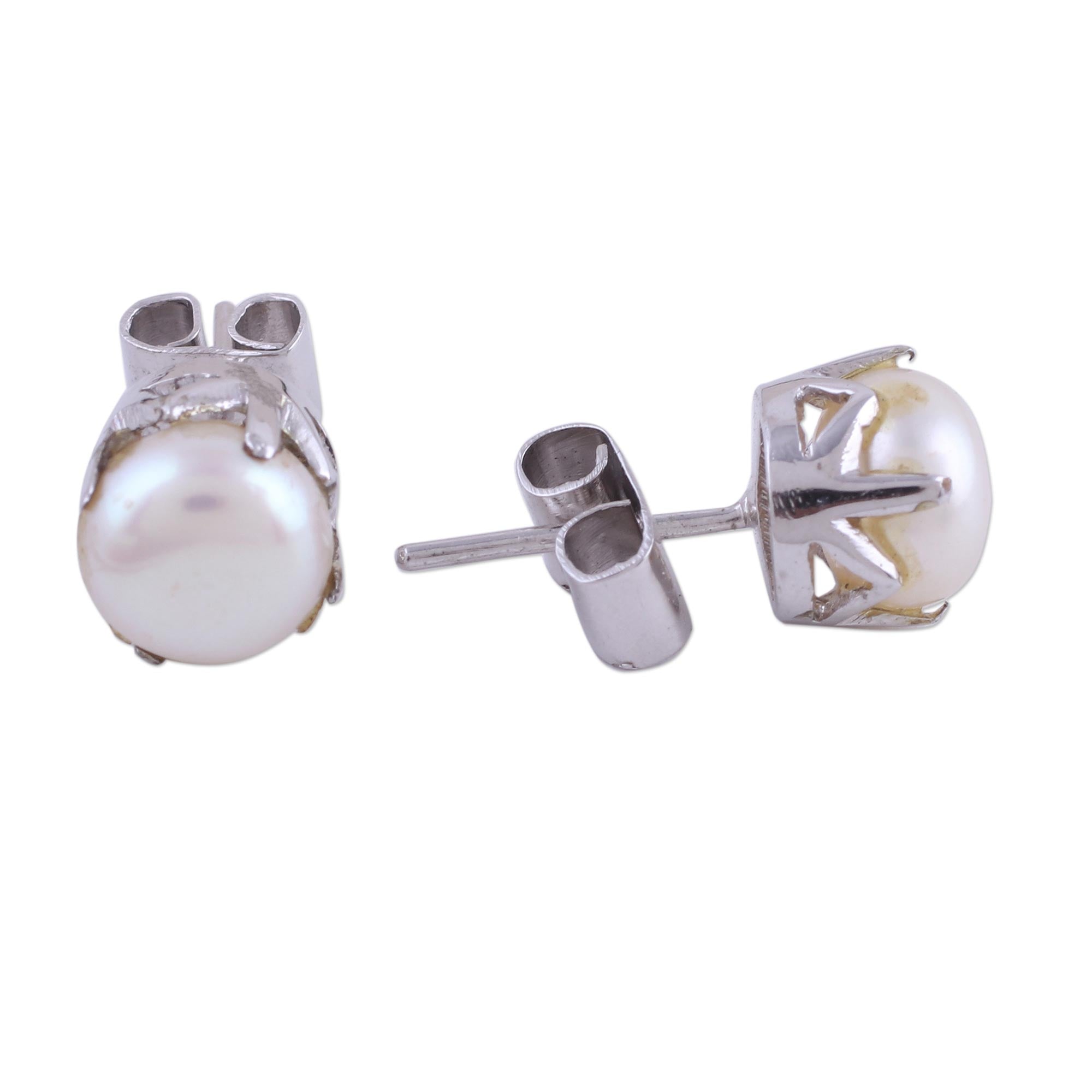 Premium Rhodium-Plated Cultured Pearl Stud Earrings – Timeless Elegance from India