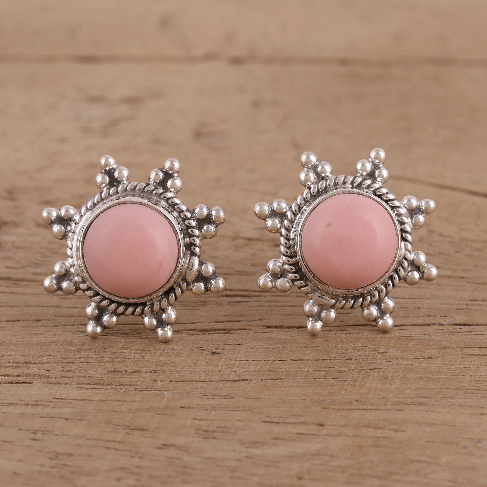 Premium Starry-Eyed Pink Opal Button Earrings in Sterling Silver