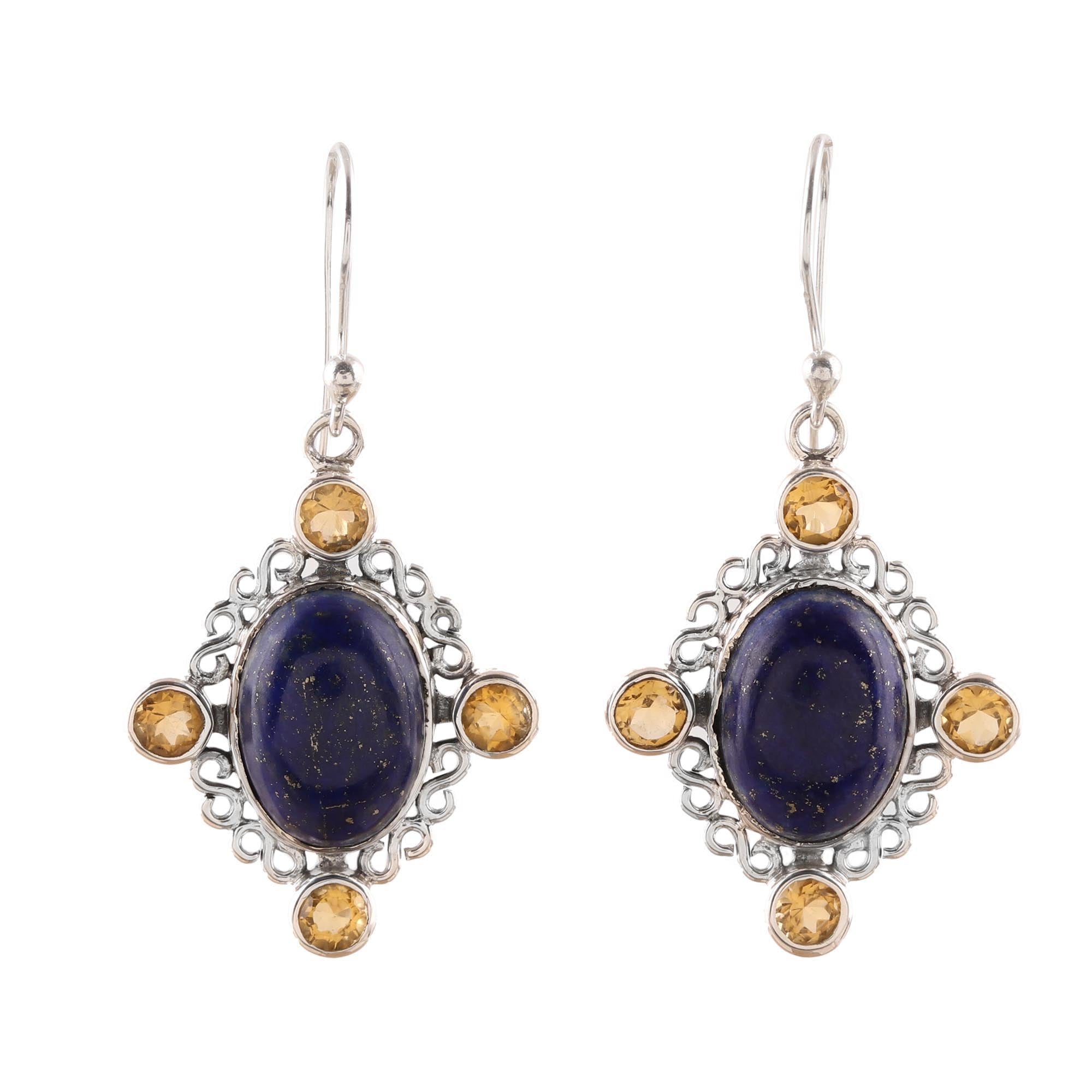 Premium Royal Frame Lapis Lazuli & Citrine Dangle Earrings | Handcrafted in India