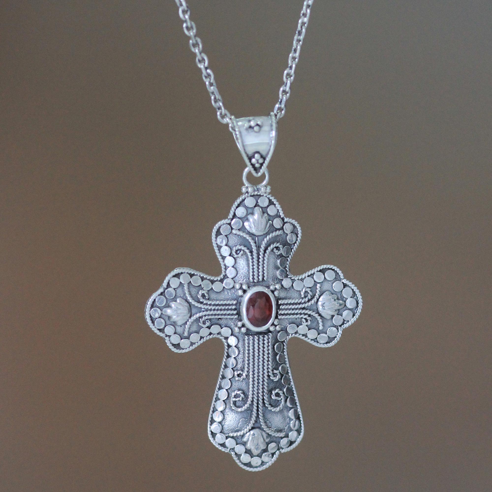 Premium Redemption Garnet Cross Necklace - Elegant Sterling Silver Pendant