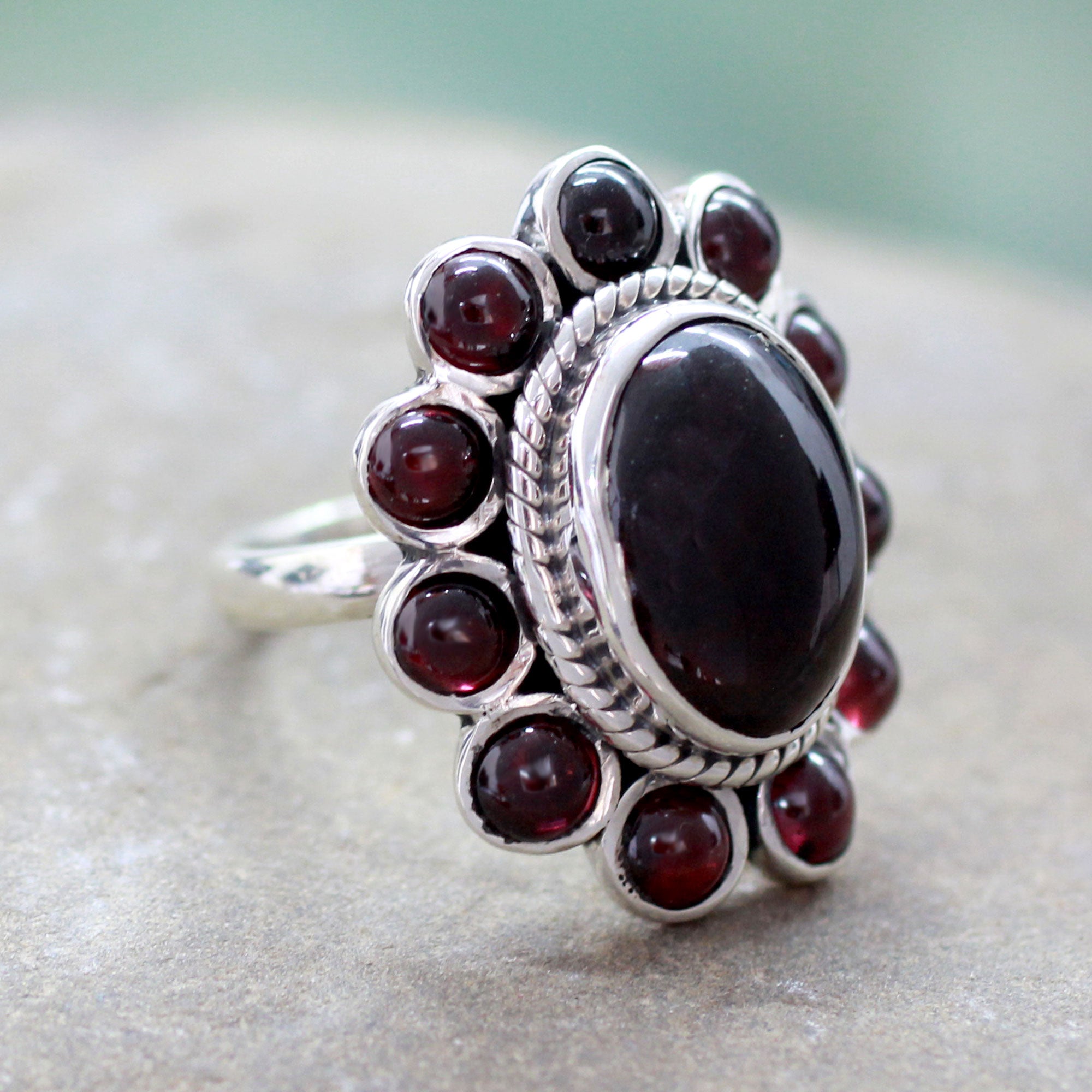 Premium Scarlet Petals Floral Ring - Sterling Silver & Garnet