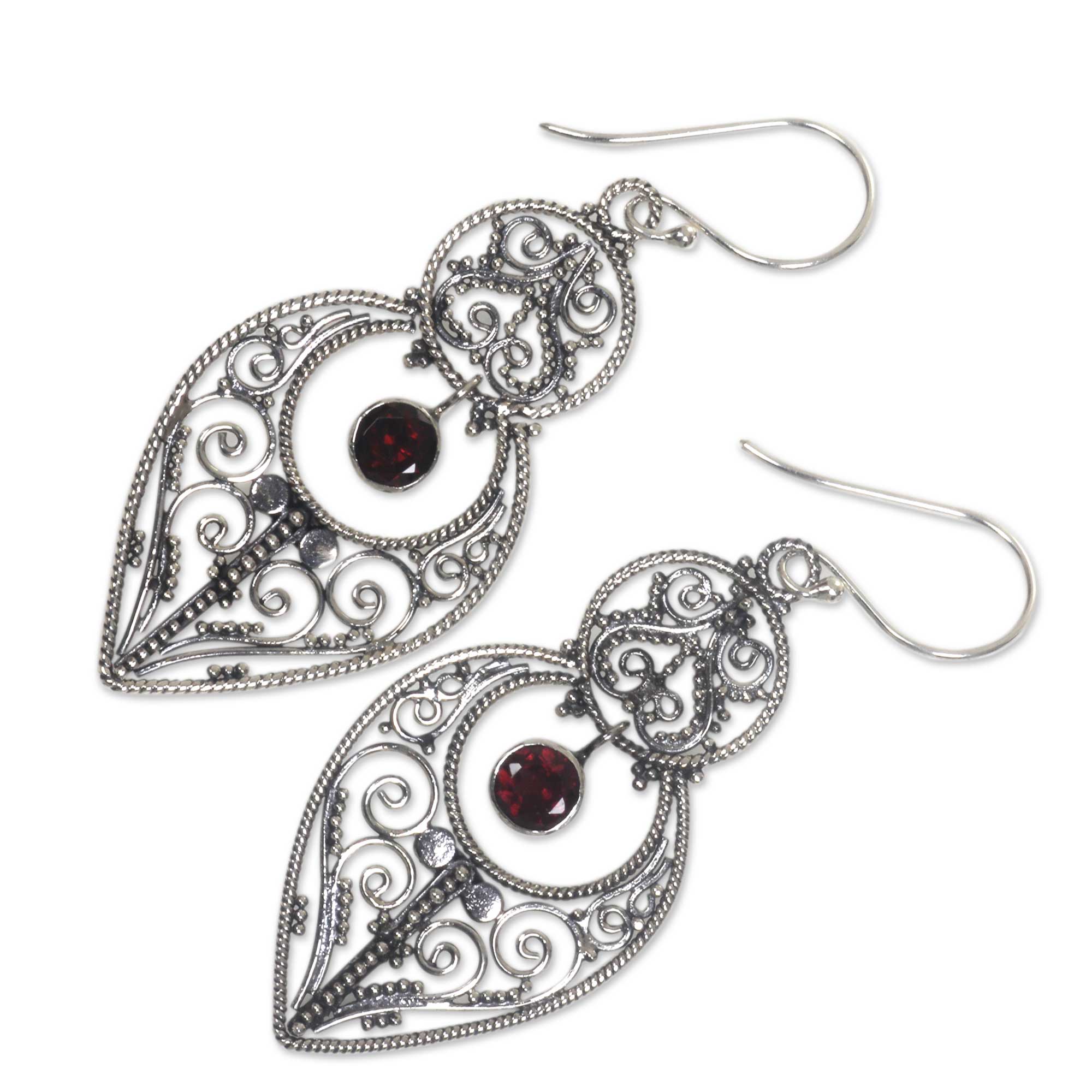 Premium Majapahit Elegance: Balinese Sterling Silver Dangle Earrings with Garnet