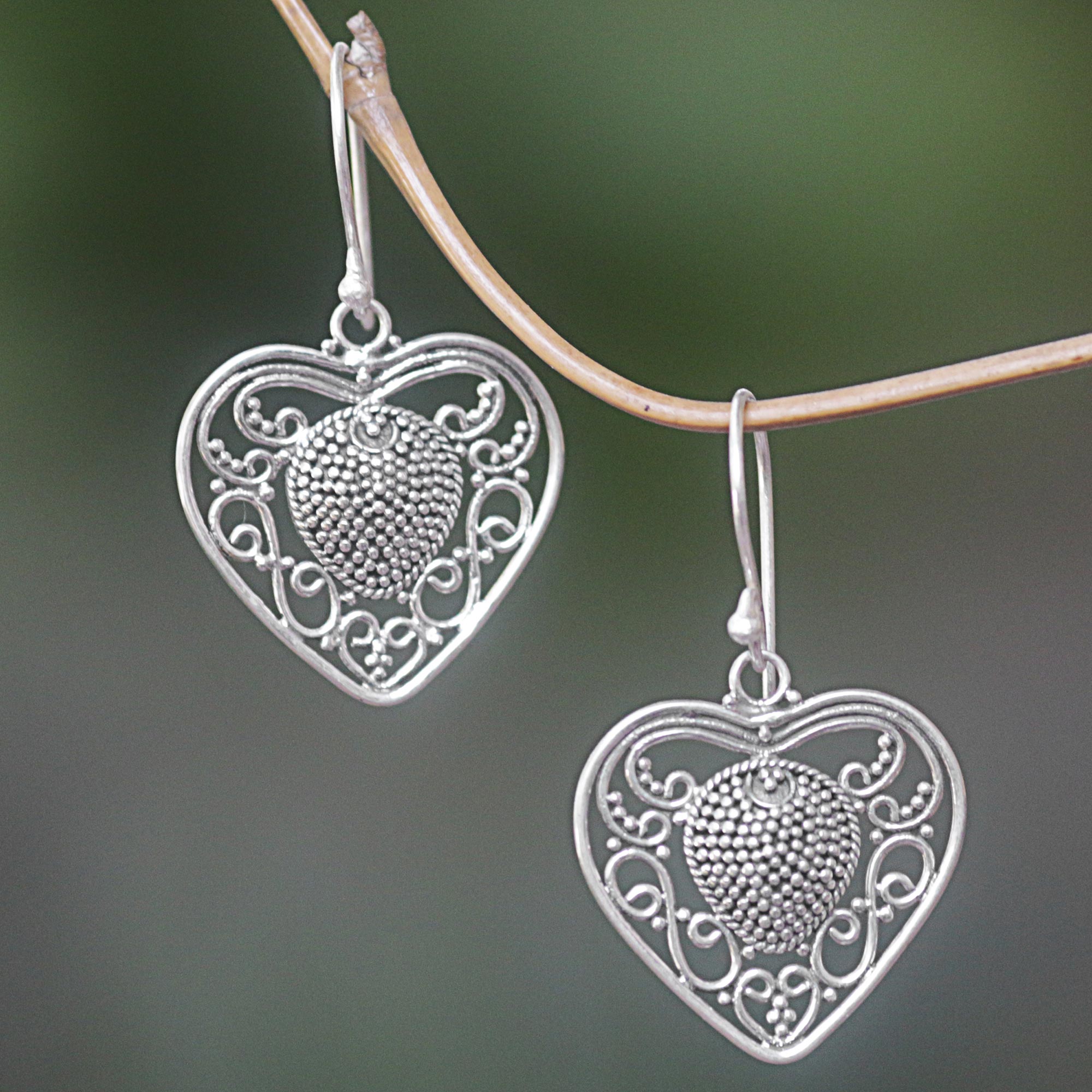 Premium Sterling Silver Heart Dangle Earrings - Handcrafted in Indonesia