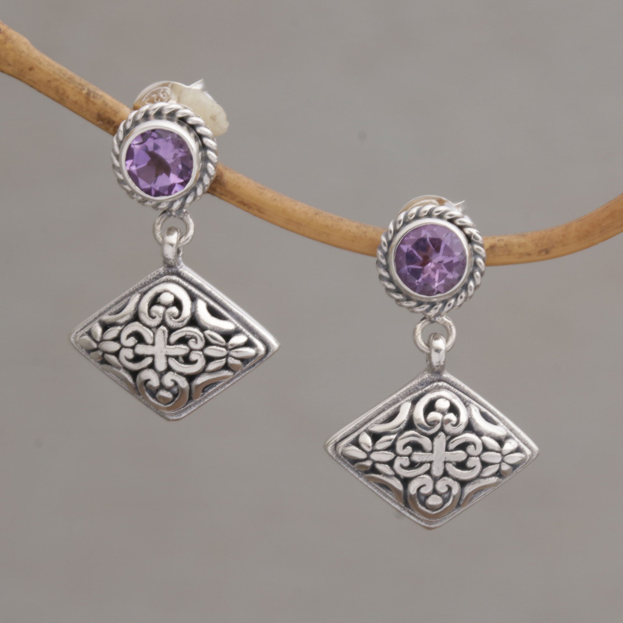 Premium Amethyst & Diamond Dangle Earrings - Handcrafted Bali Sterling Silver Jewelry