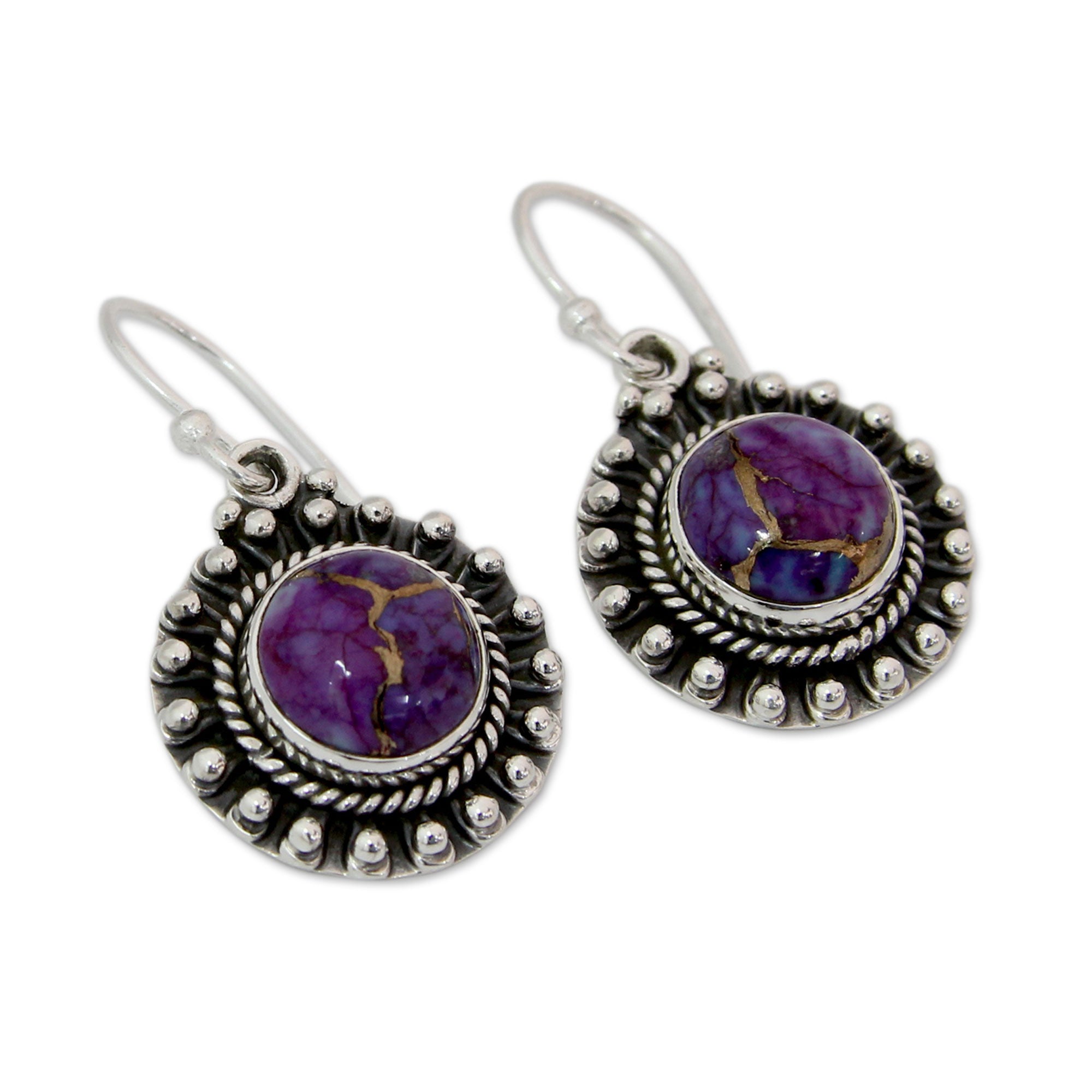 Premium Purple Fire Turquoise & Silver Dangle Earrings - Handmade in India