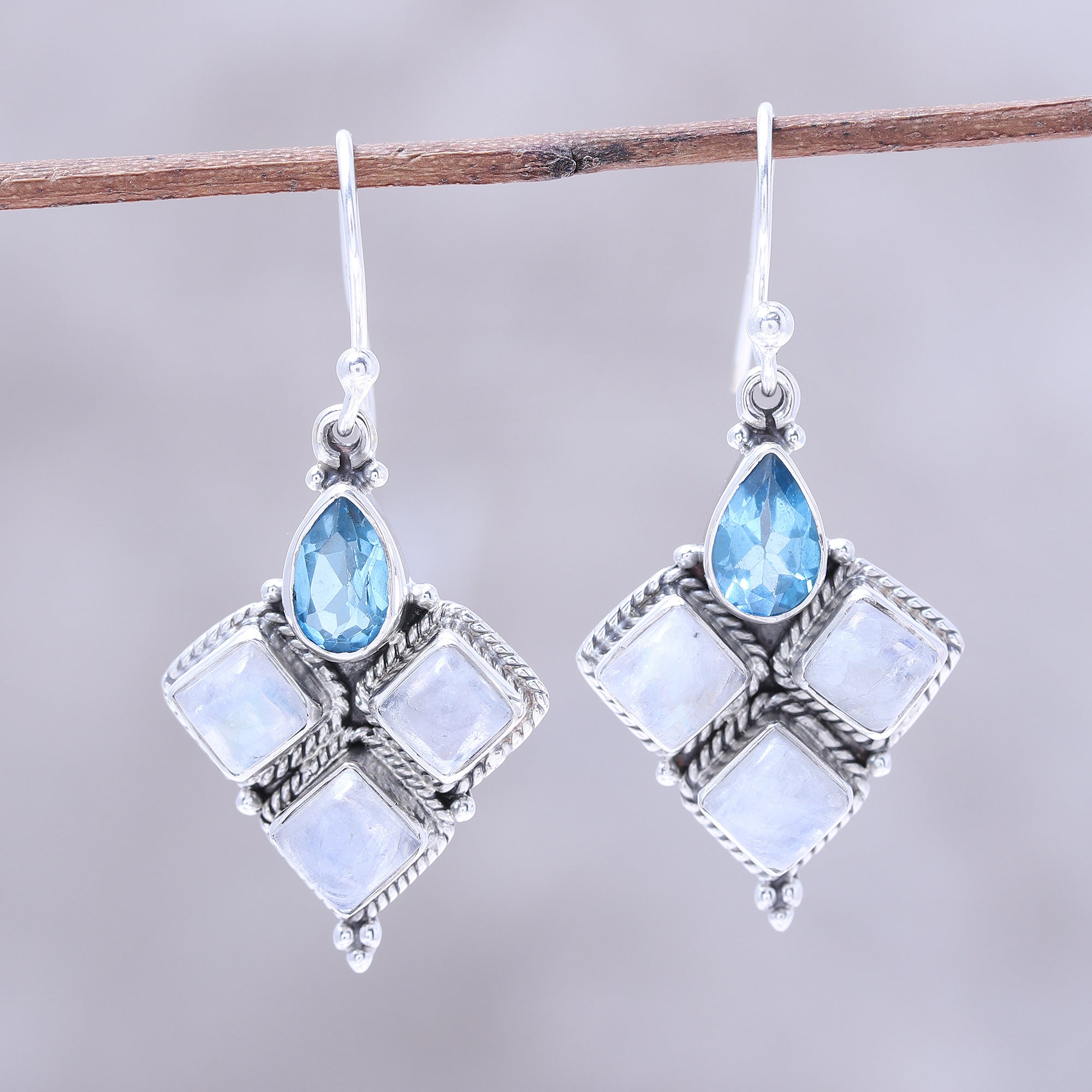 Premium Rainbow Moonstone & Blue Topaz Dangle Earrings - Handcrafted Sterling Silver Jewelry