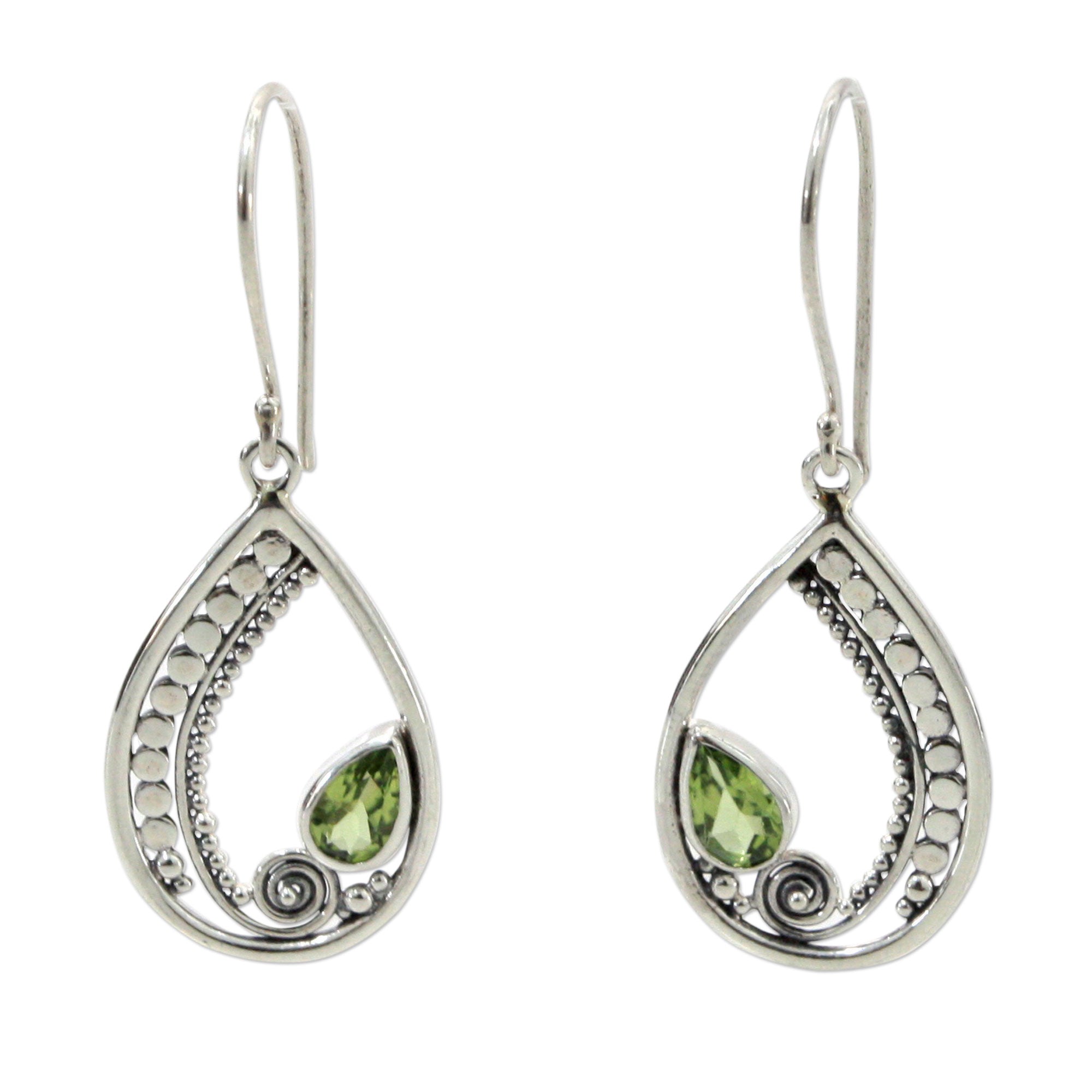 Premium Paisley Swirl Sterling Silver Peridot Dangle Earrings - Modern Elegance