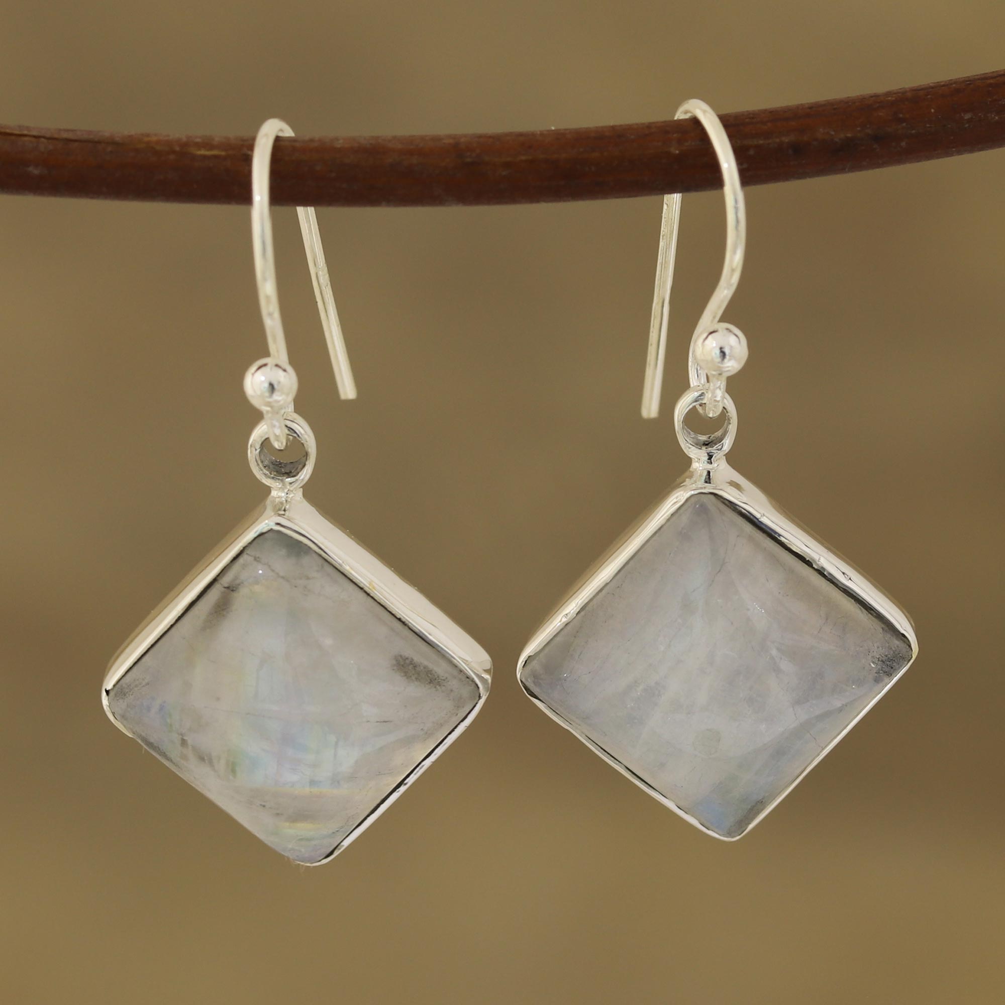 Premium Sterling Silver Rainbow Moonstone Dangle Earrings – Handcrafted in India