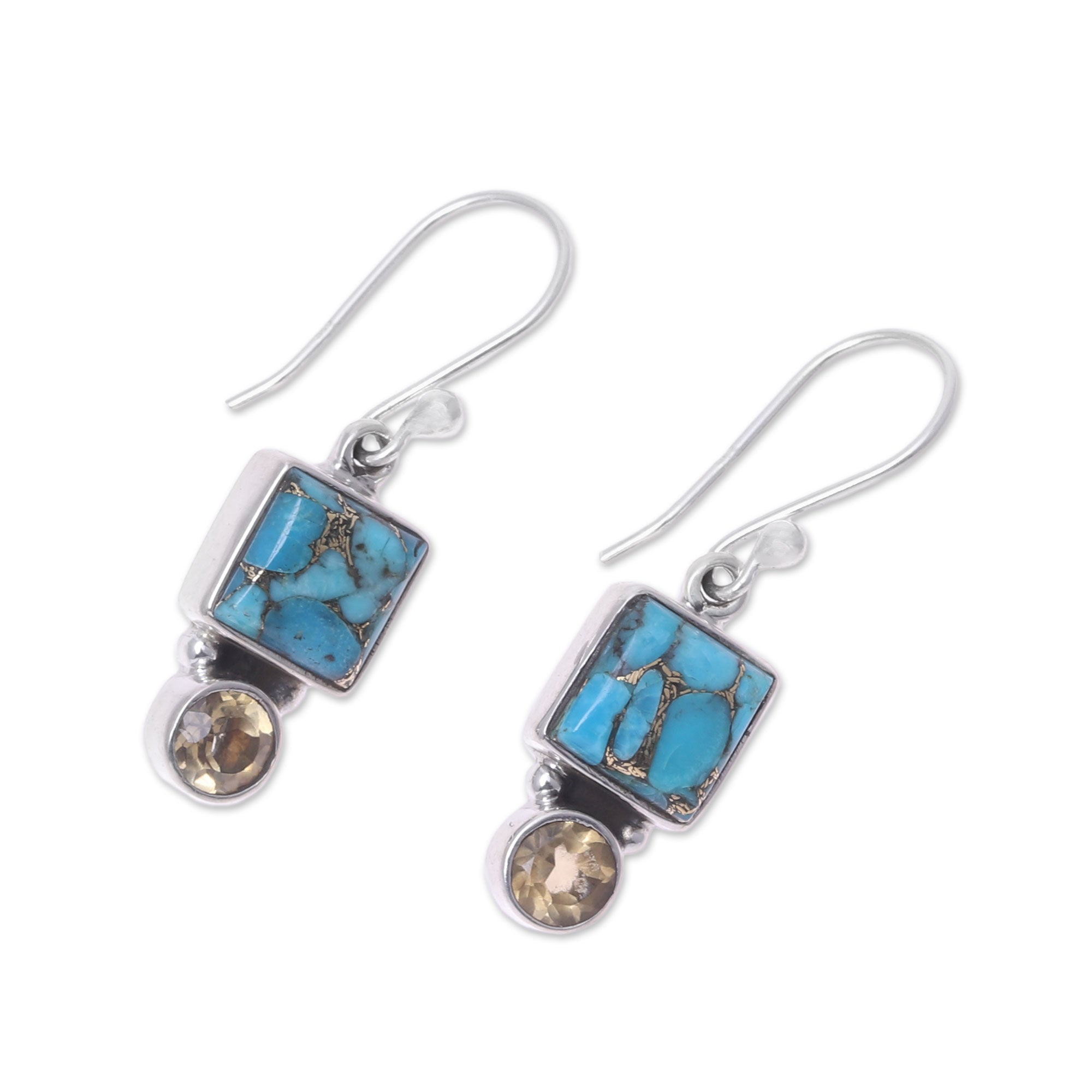 Premium Citrine & Turquoise Dangle Earrings - Handcrafted Sterling Silver Jewelry from India