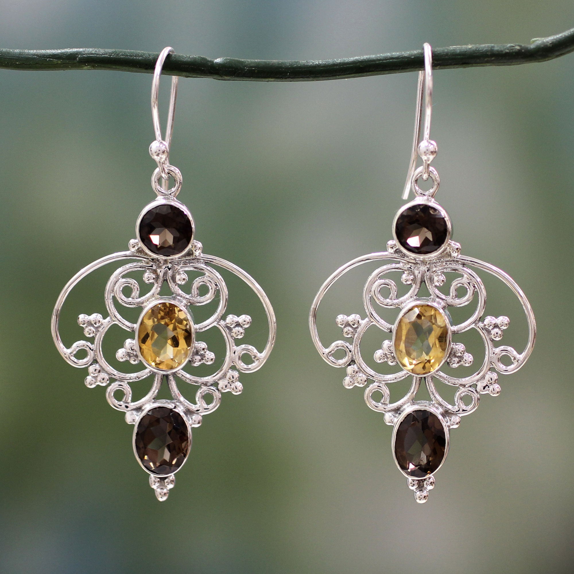 Premium Dusk Arabesque Indian Sterling Silver Earrings with Smoky Quartz & Citrine