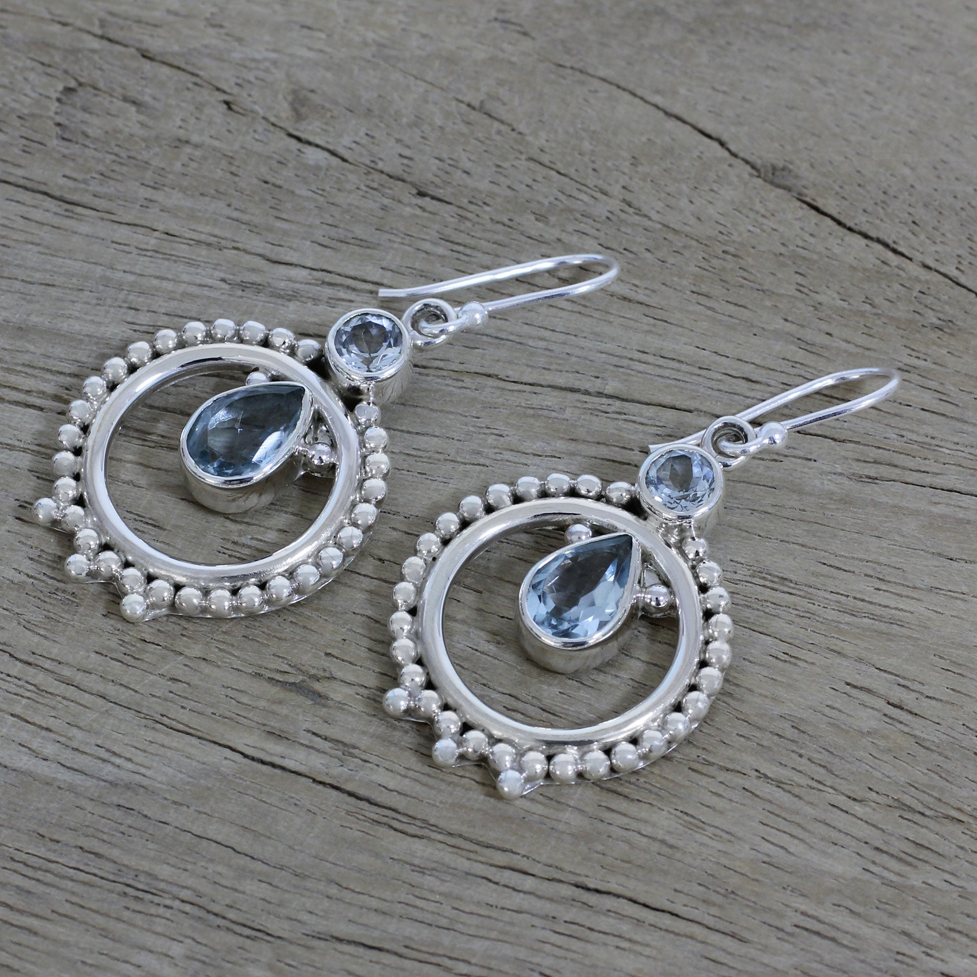 Premium Regal Circles Blue Topaz Dangle Earrings – Handcrafted Sterling Silver Jewelry from India