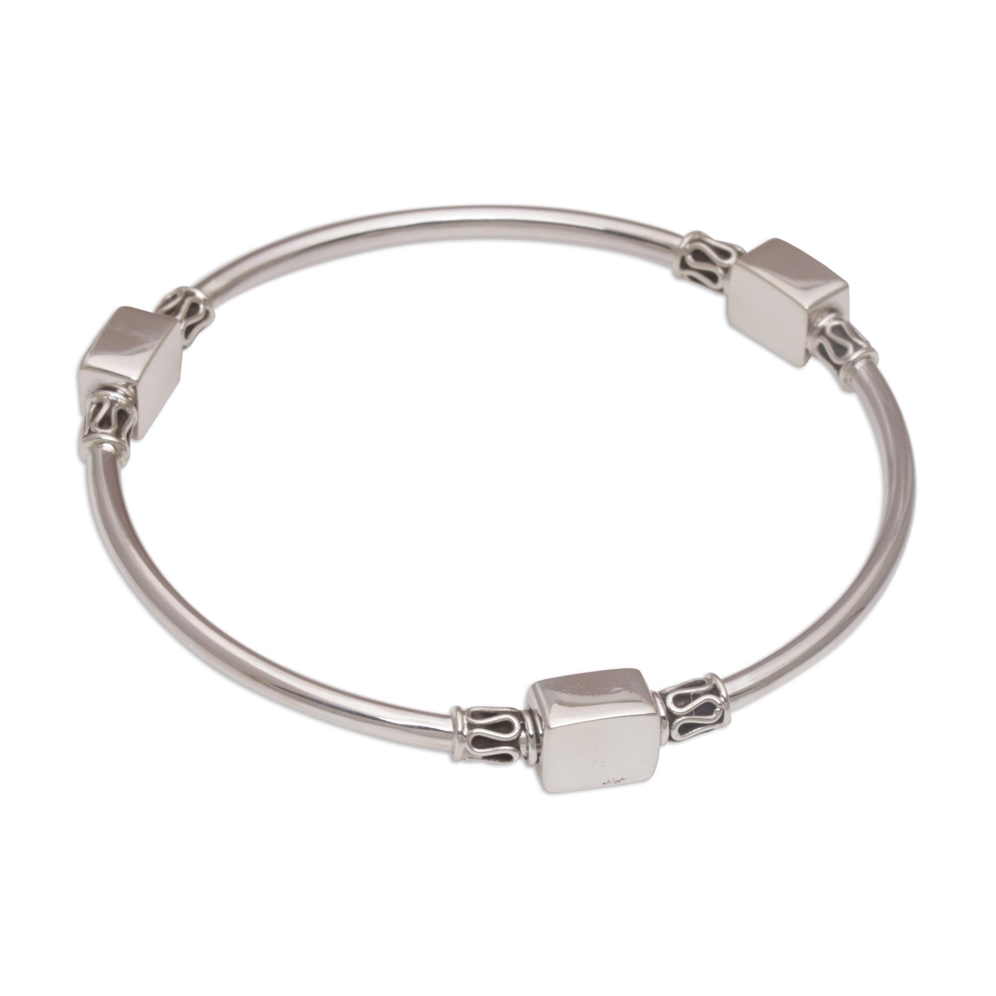 Premium Square Reflection Silver Bangle Bracelet - Handmade in Bali