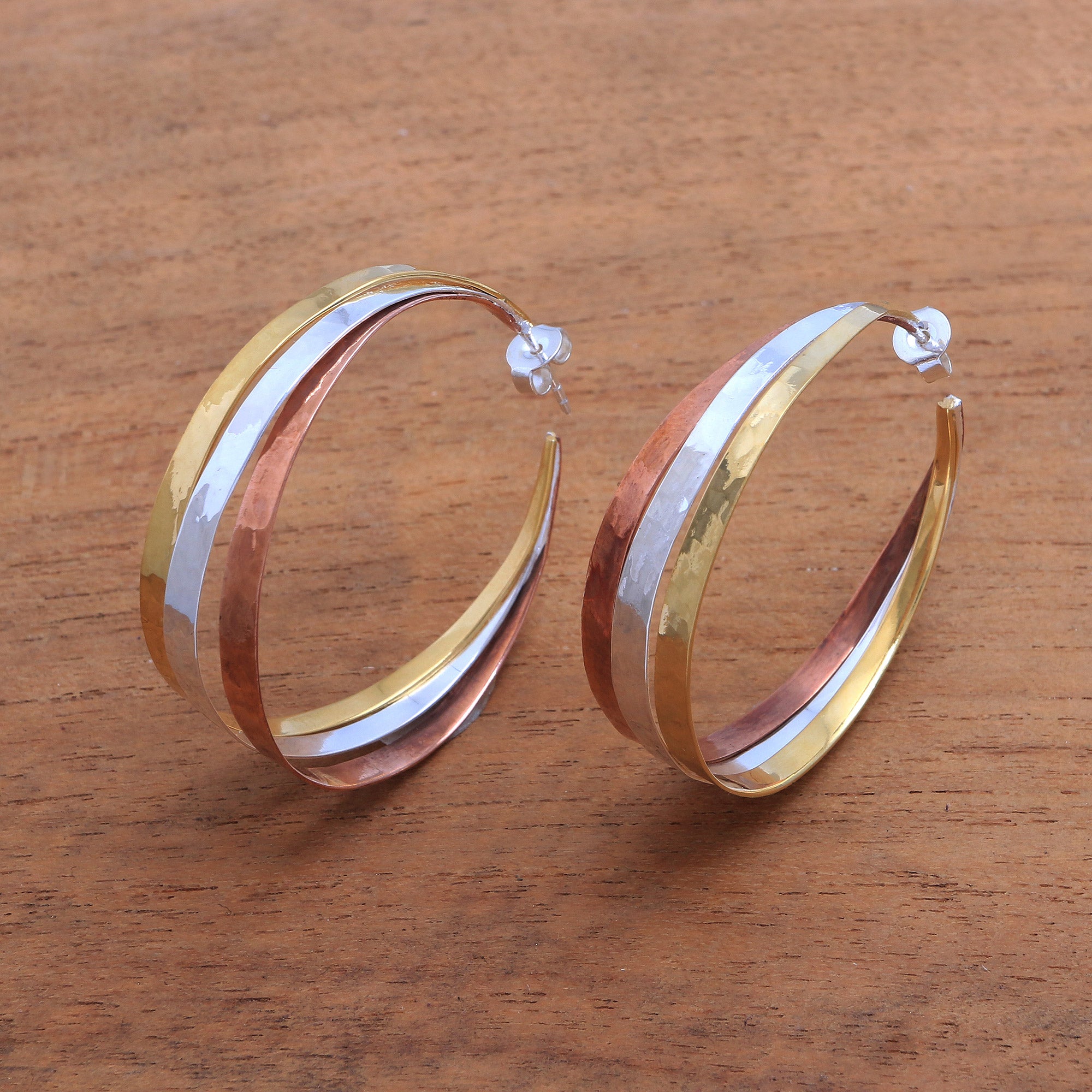 Premium Metallic Rainbow Gold Accent Sterling Silver Half-Hoop Earrings - Handcrafted in Bali