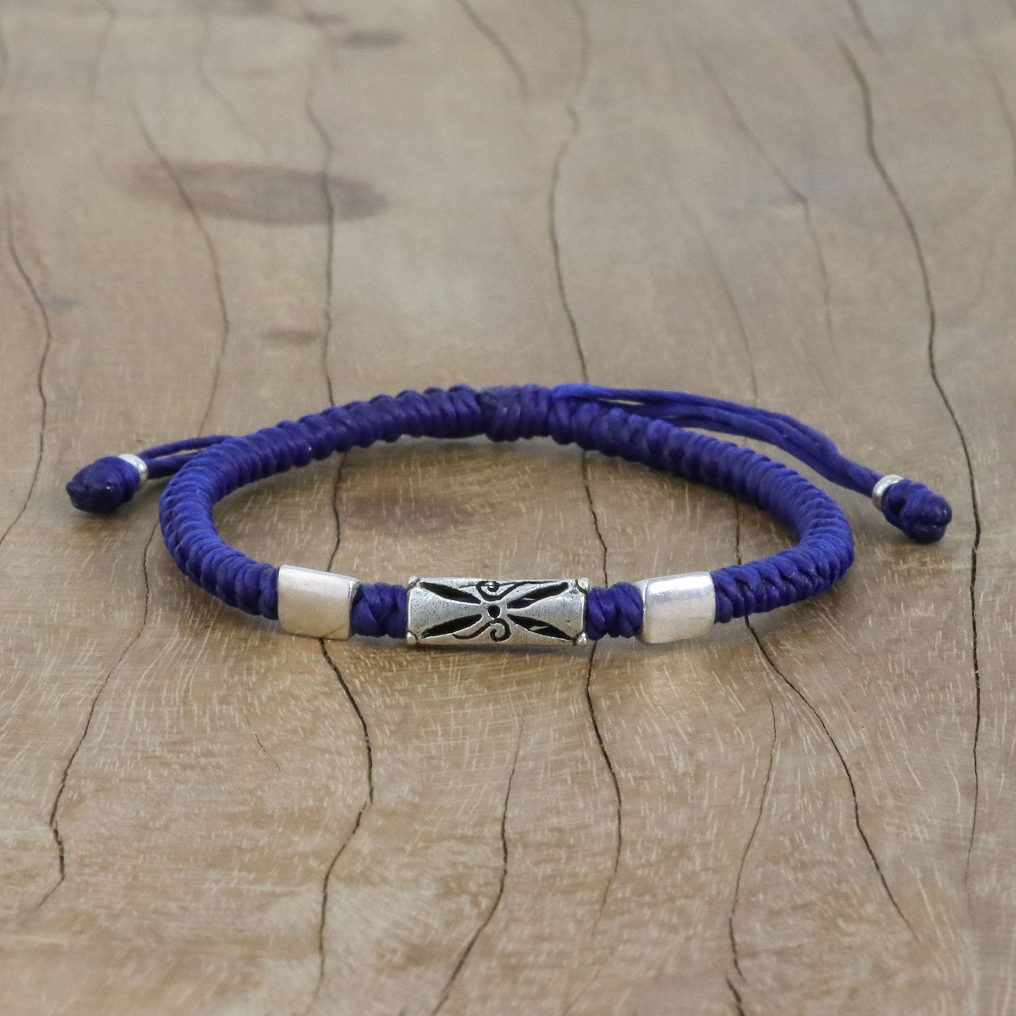 Premium Karen Hill Tribe Blue Cord Bracelet with 950 Silver Beads