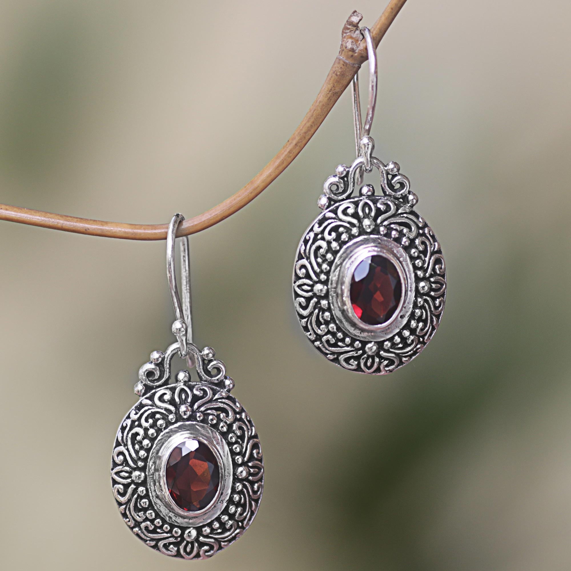 Premium Crimson Fables Sterling Silver Garnet Dangle Earrings - Handcrafted in Indonesia