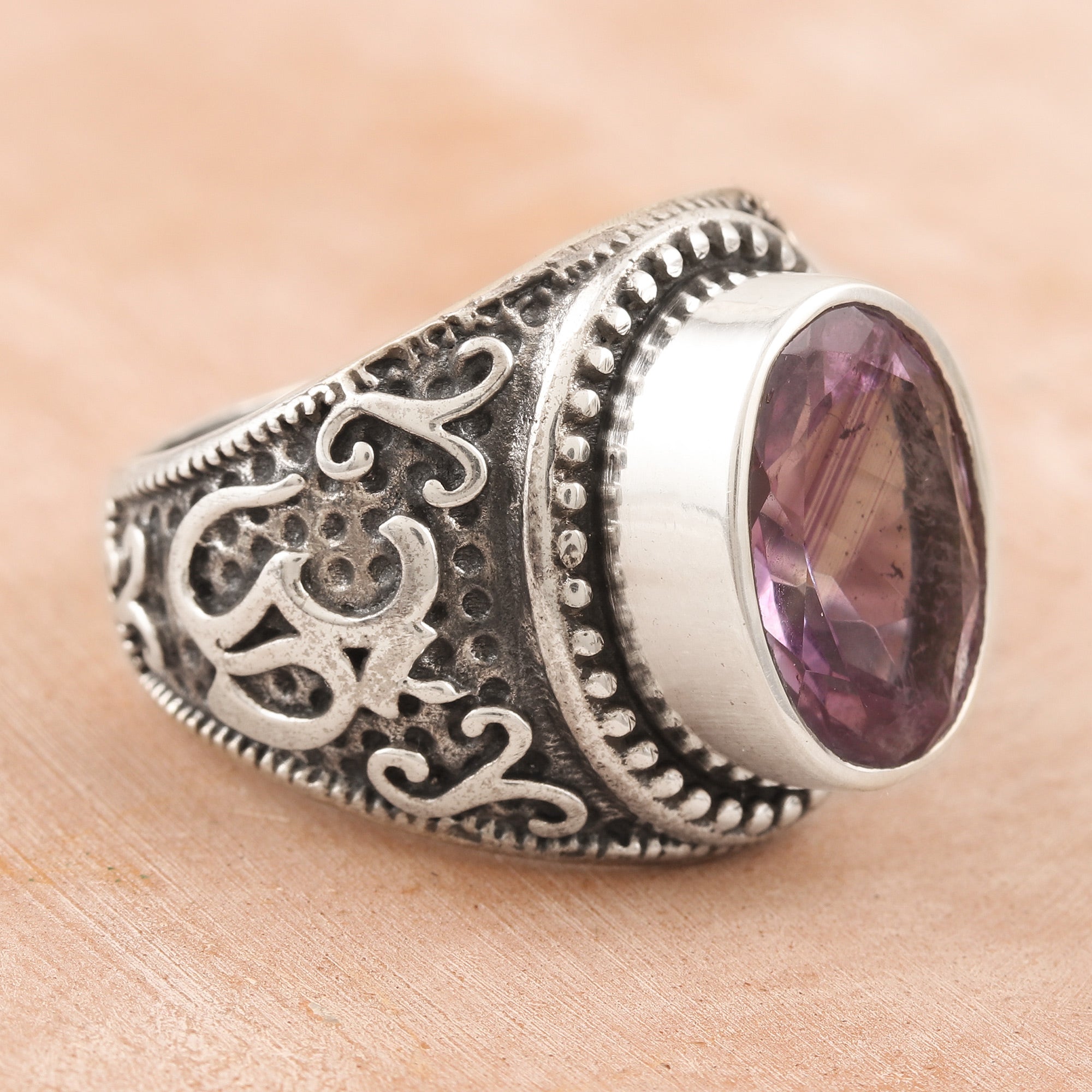 Premium Om Glitter Amethyst Ring – Handcrafted Sterling Silver Jewelry from India