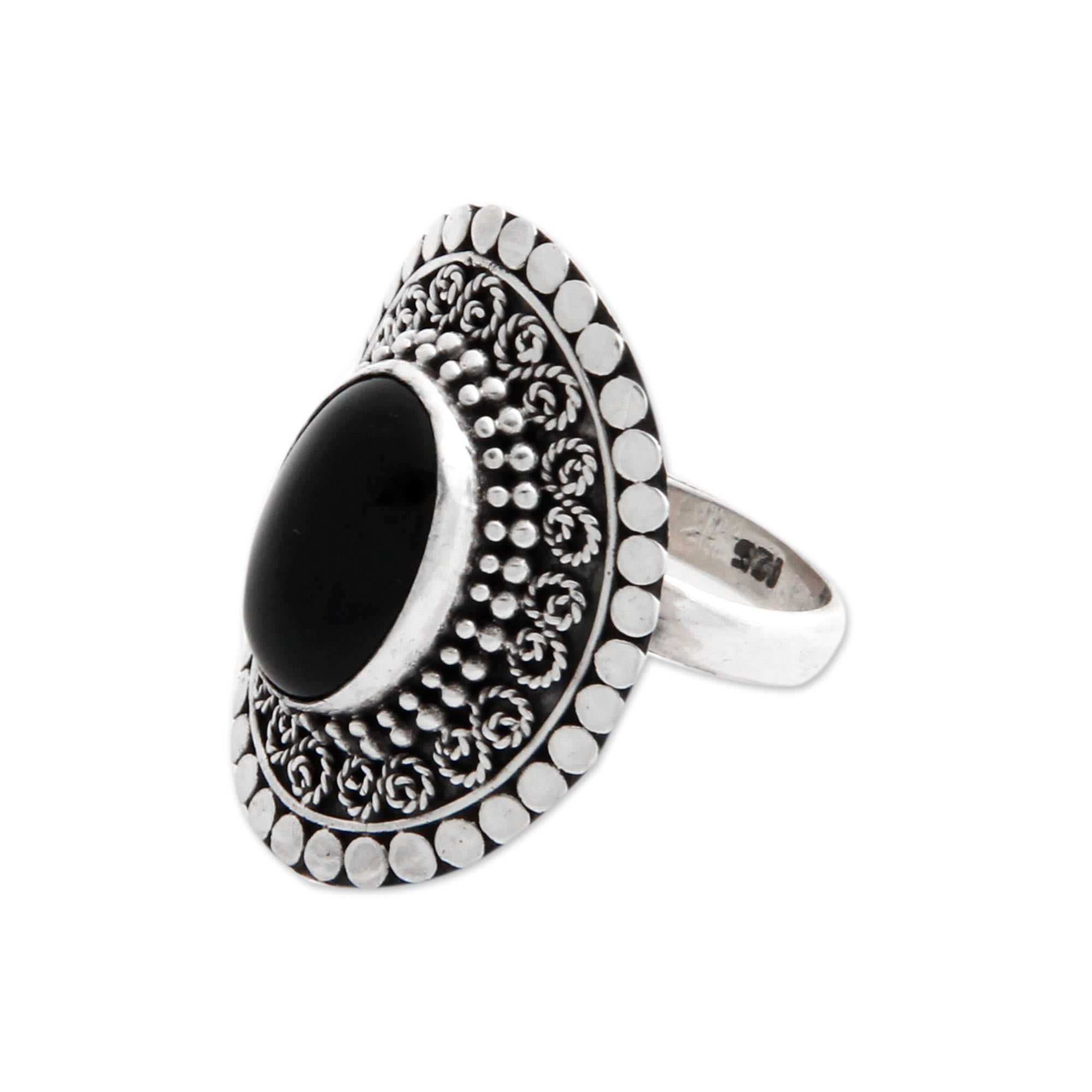 Premium Majesty Halo Sterling Silver and Onyx Cocktail Ring - Ultimate Elegance