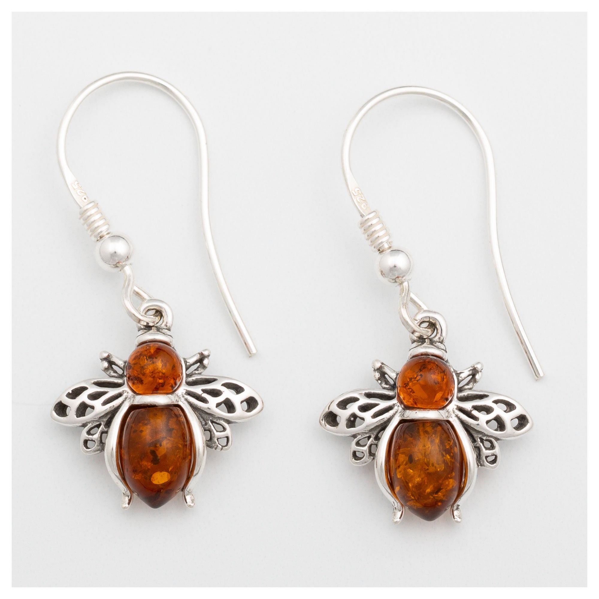 Premium Sterling Silver & Baltic Amber Bee Dangle Earrings