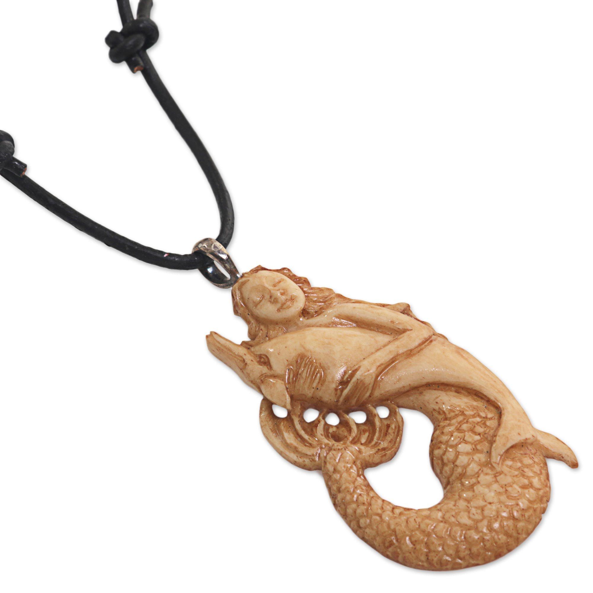 Premium Mermaid & Dolphin Hand-Carved Pendant Necklace - Unique Boho Jewelry