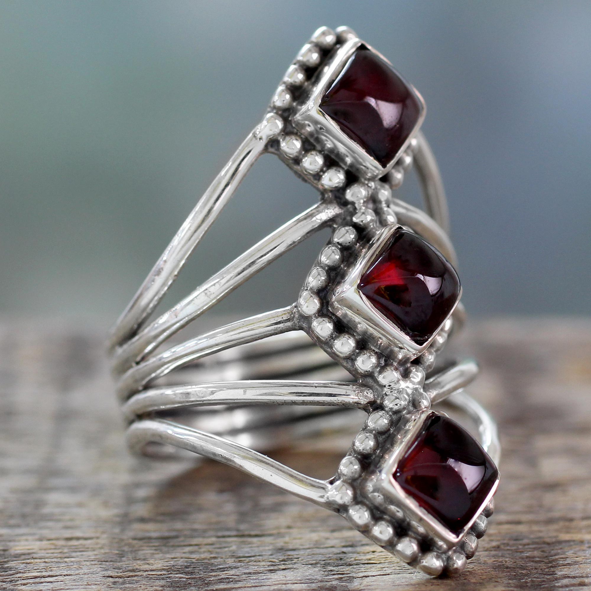 Premium Deep Red Garnet Diamond-Shaped Sterling Silver Cocktail Ring